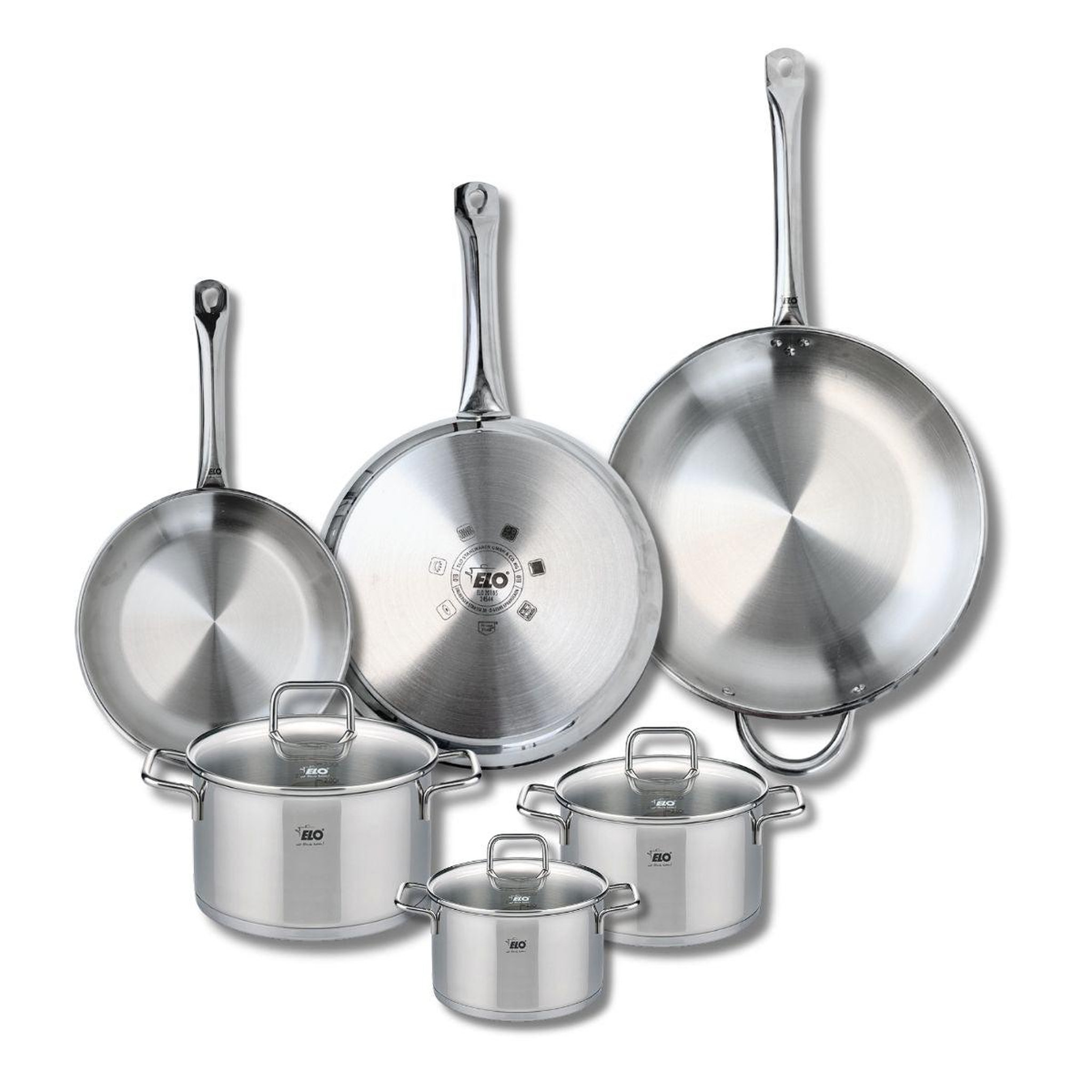 ELO Ensemble de 3 poêles de cuisson 24, 28 et 32 cm et 3 faitouts 14, 16 et 20 cm elo profi citrin