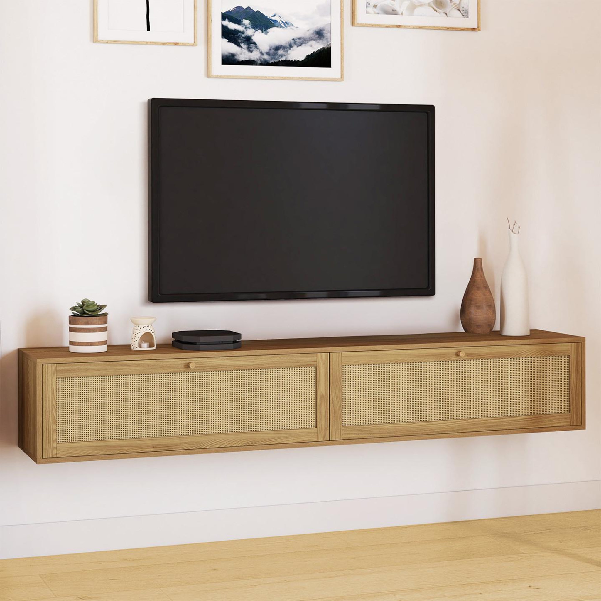 Voir la diapositive 2 : ID MARKET Meuble tv 180 cm suspendu hanae 2 portes effet naturel cannage