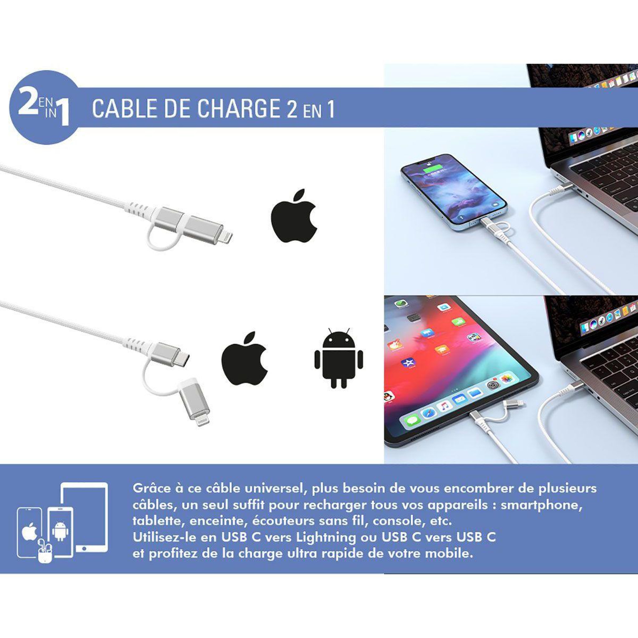 Voir la diapositive 3 : FORCE POWER Câble alimentation 60w usb-c/ usb-c+lightning mfi 1.2m