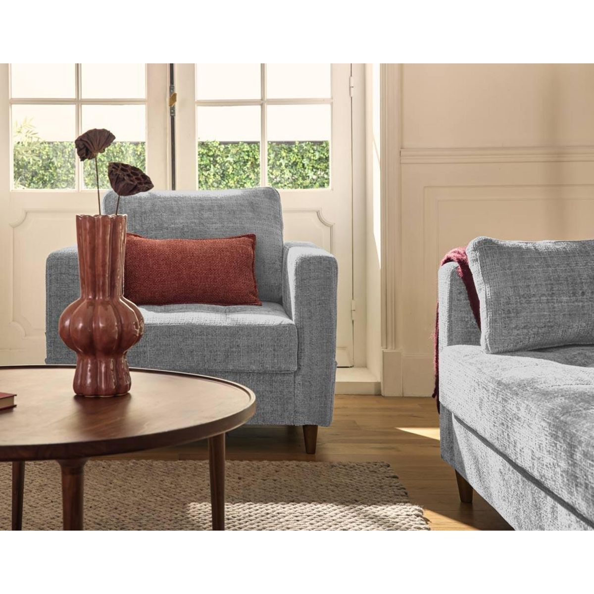 LISA DESIGN Anna - fauteuil avec poche en velours texturé - pieds en bois