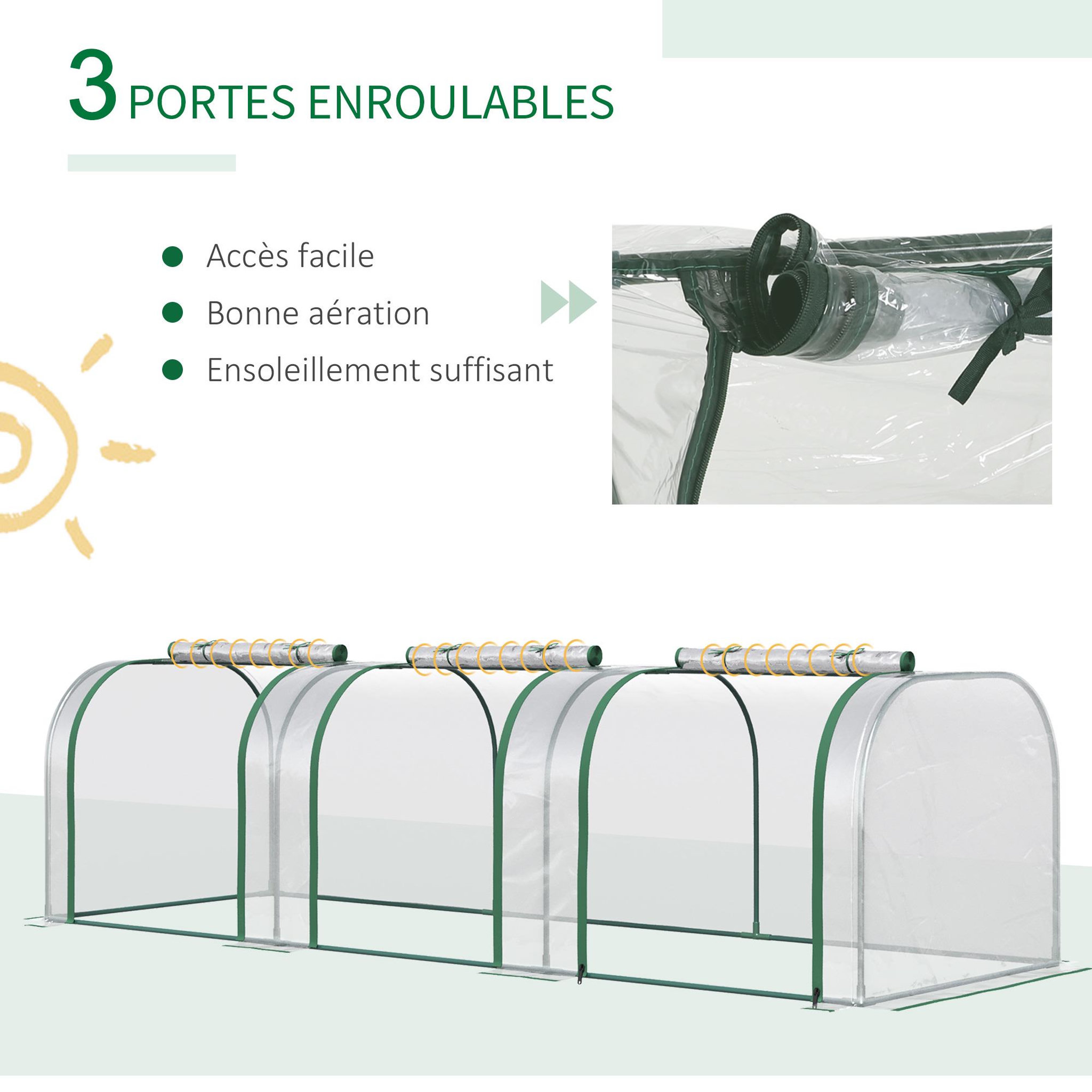 Voir la diapositive 6 : OUTSUNNY Serre de jardin tunnel 2,95L x 1l x 0,8H m 3 portes zippées bâche PVC transparent métal époxy vert