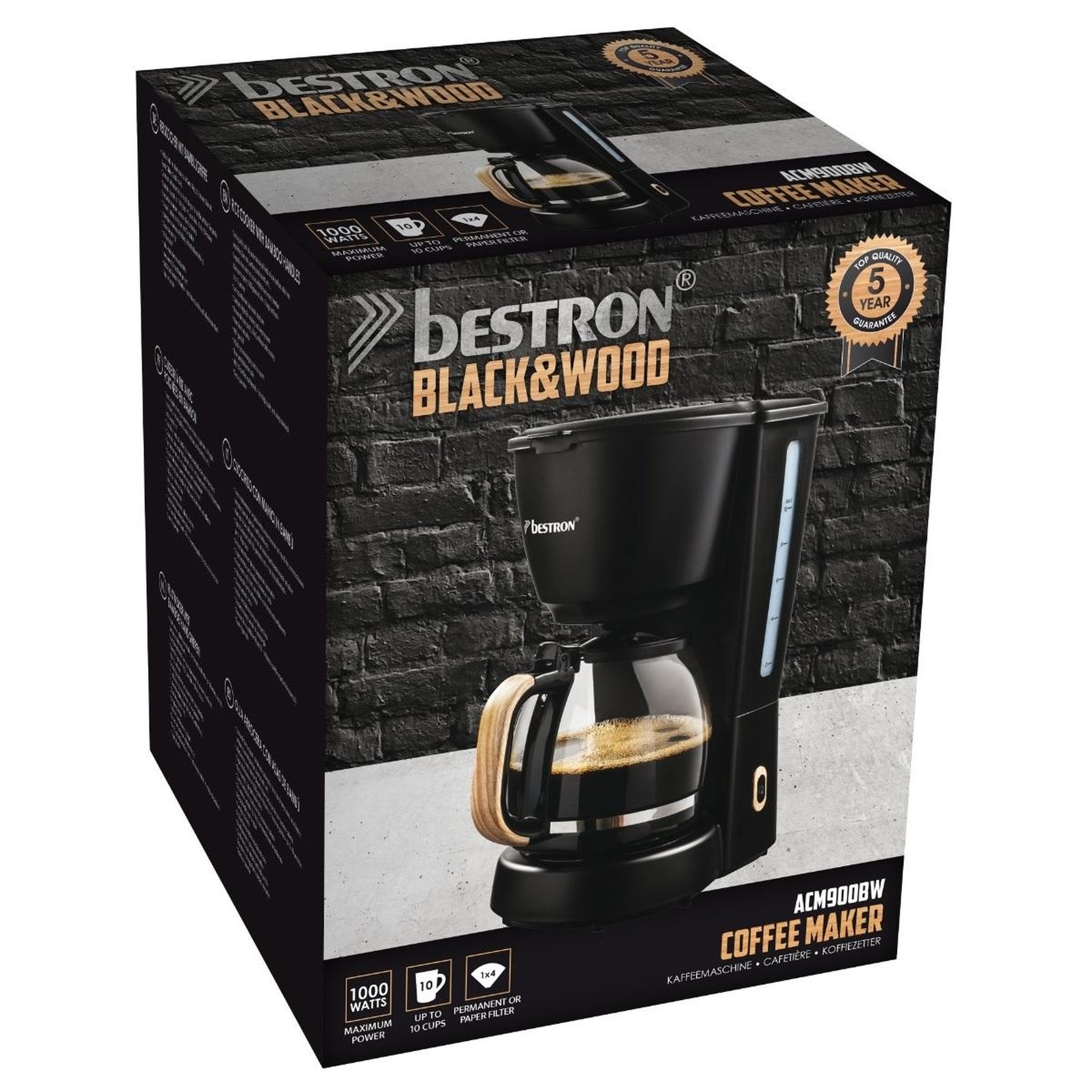 Voir la diapositive 6 : Bestron Cafetière filtre 10 tasses 1000w noir/bois - ACM900BW