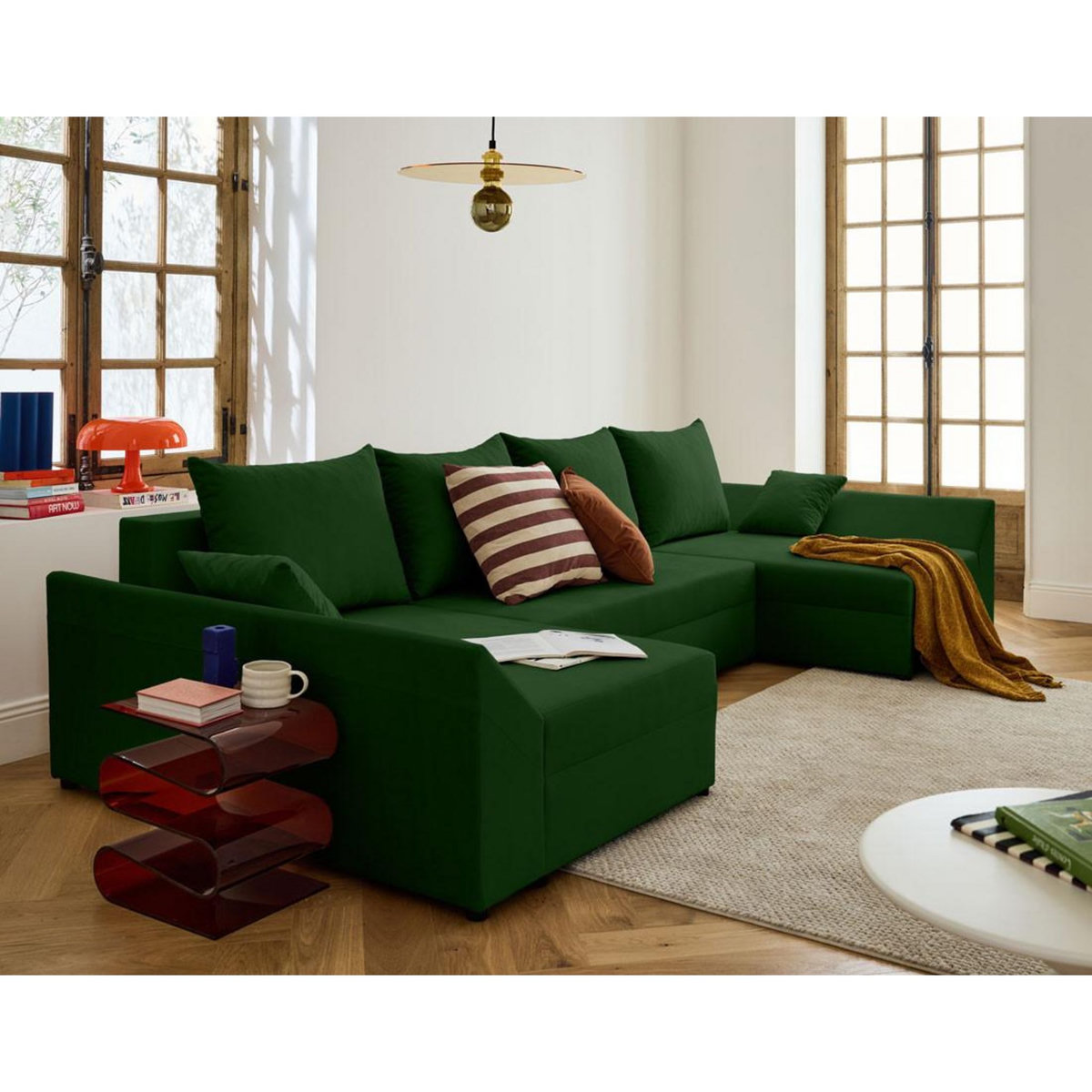 BEST MOBILIER Mike - canapé panoramique en u - 7 places - convertible - avec coffre - en velours