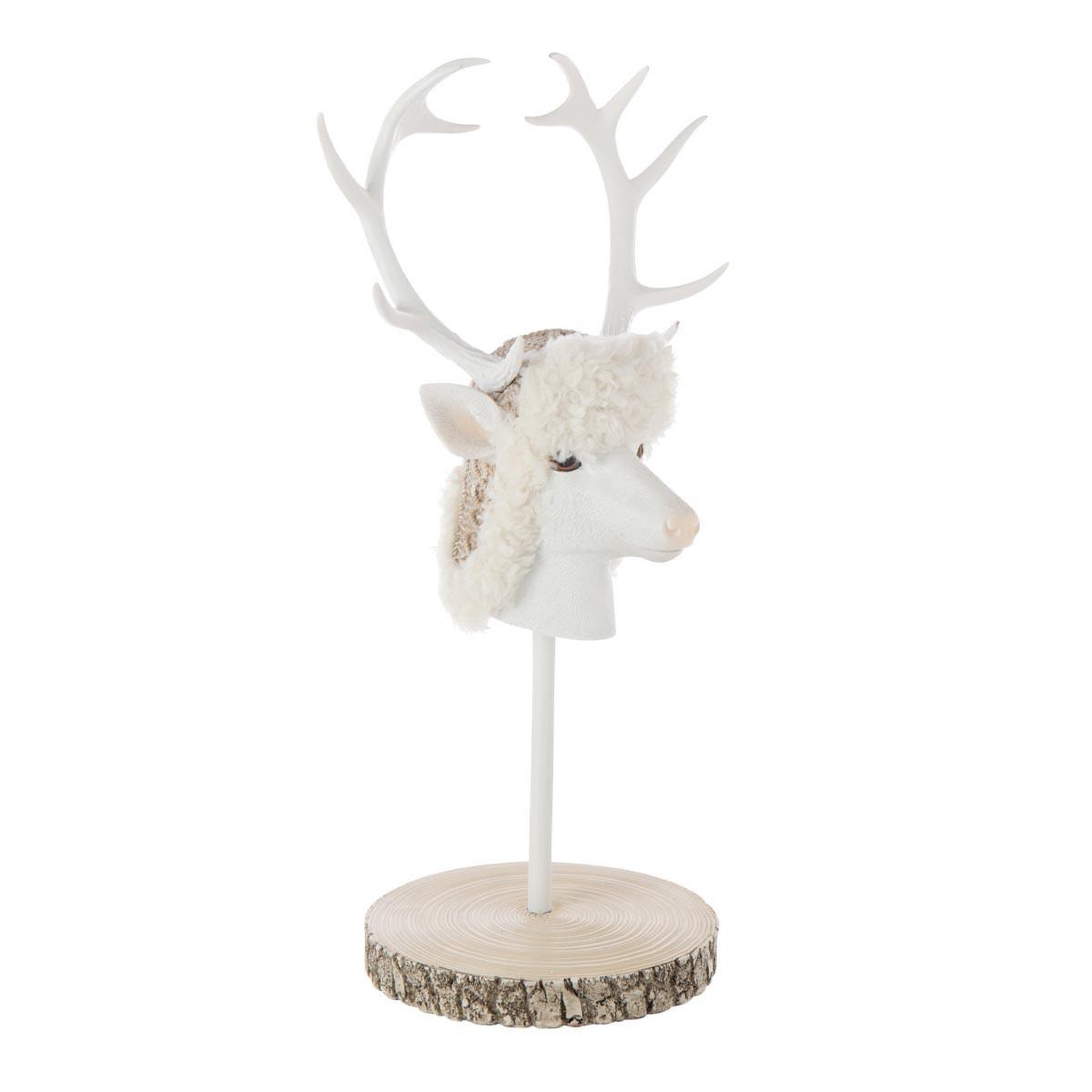 J-LINE Tête de cerf sur socle  imitation fourrure  52cm écru