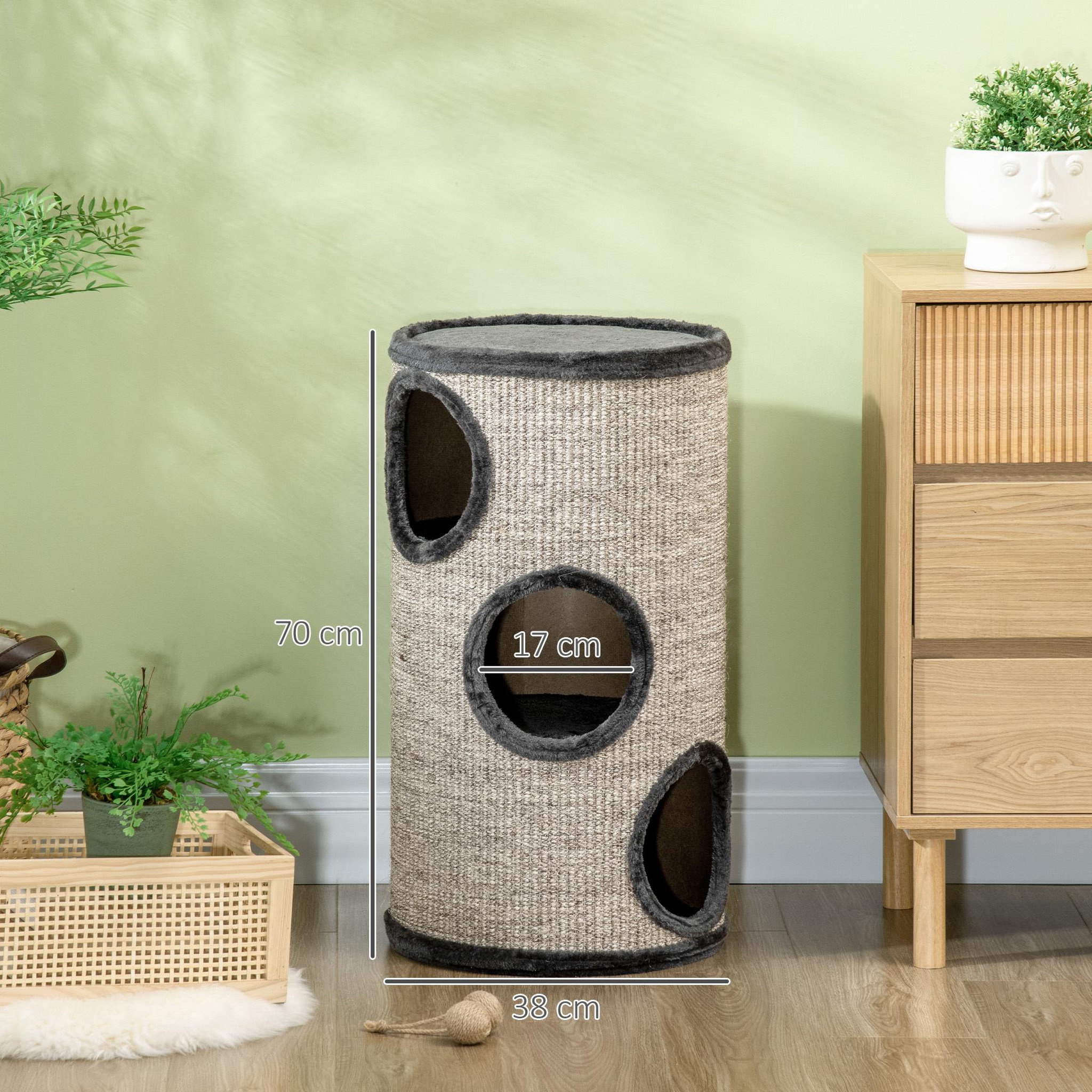 Voir la diapositive 3 : PAWHUT Arbre à chat cylindrique - tour à griffer pour chat - tonneau griffoir - 3 niveaux + plateforme - sisal peluche anthracite
