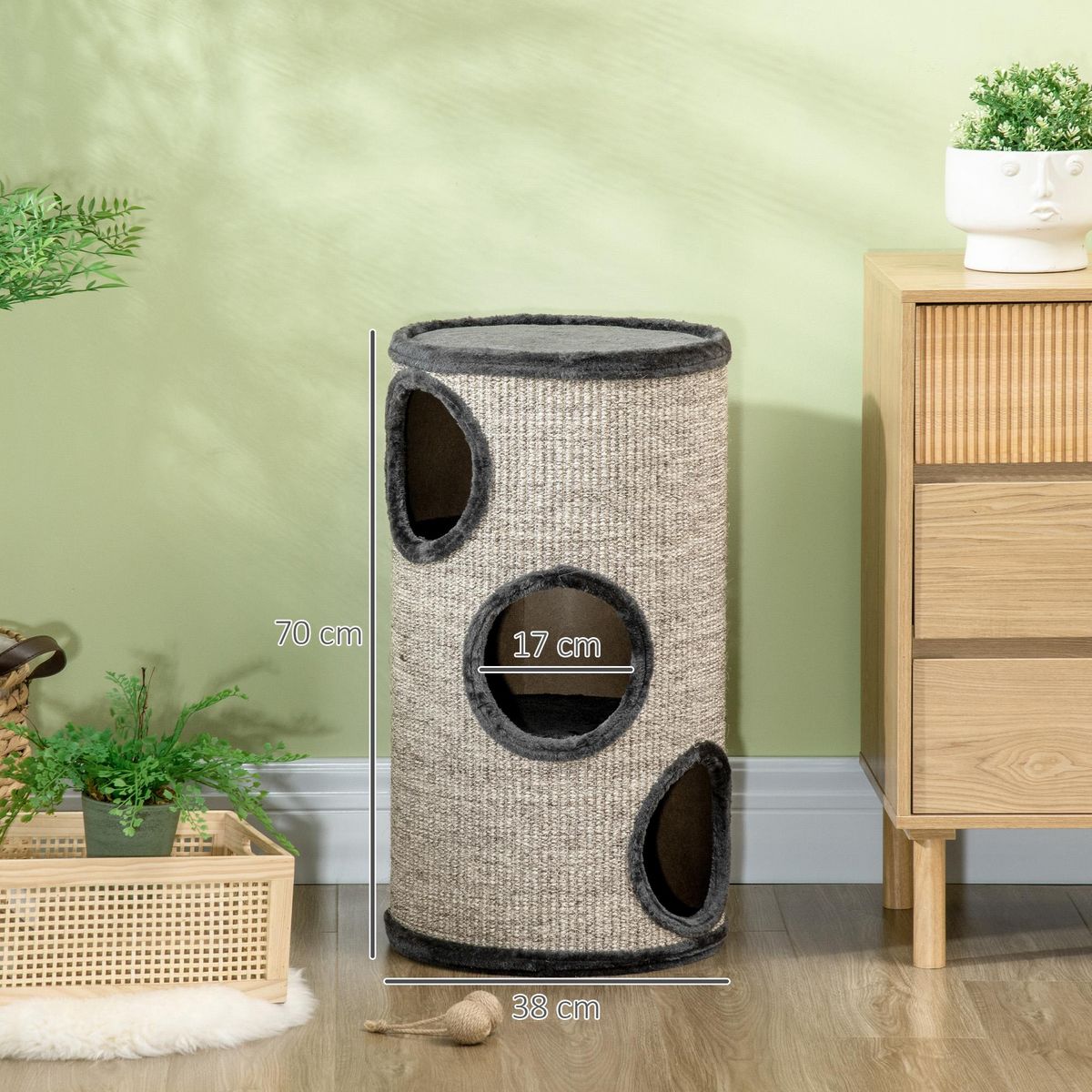 PAWHUT Arbre à chat cylindrique - tour à griffer pour chat - tonneau griffoir - 3 niveaux + plateforme - sisal peluche anthracite