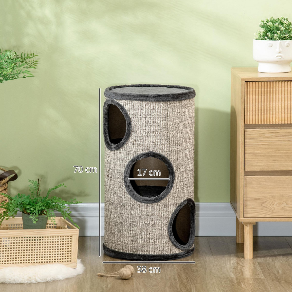 PAWHUT Arbre à chat cylindrique - tour à griffer pour chat - tonneau griffoir - 3 niveaux + plateforme - sisal peluche anthracite