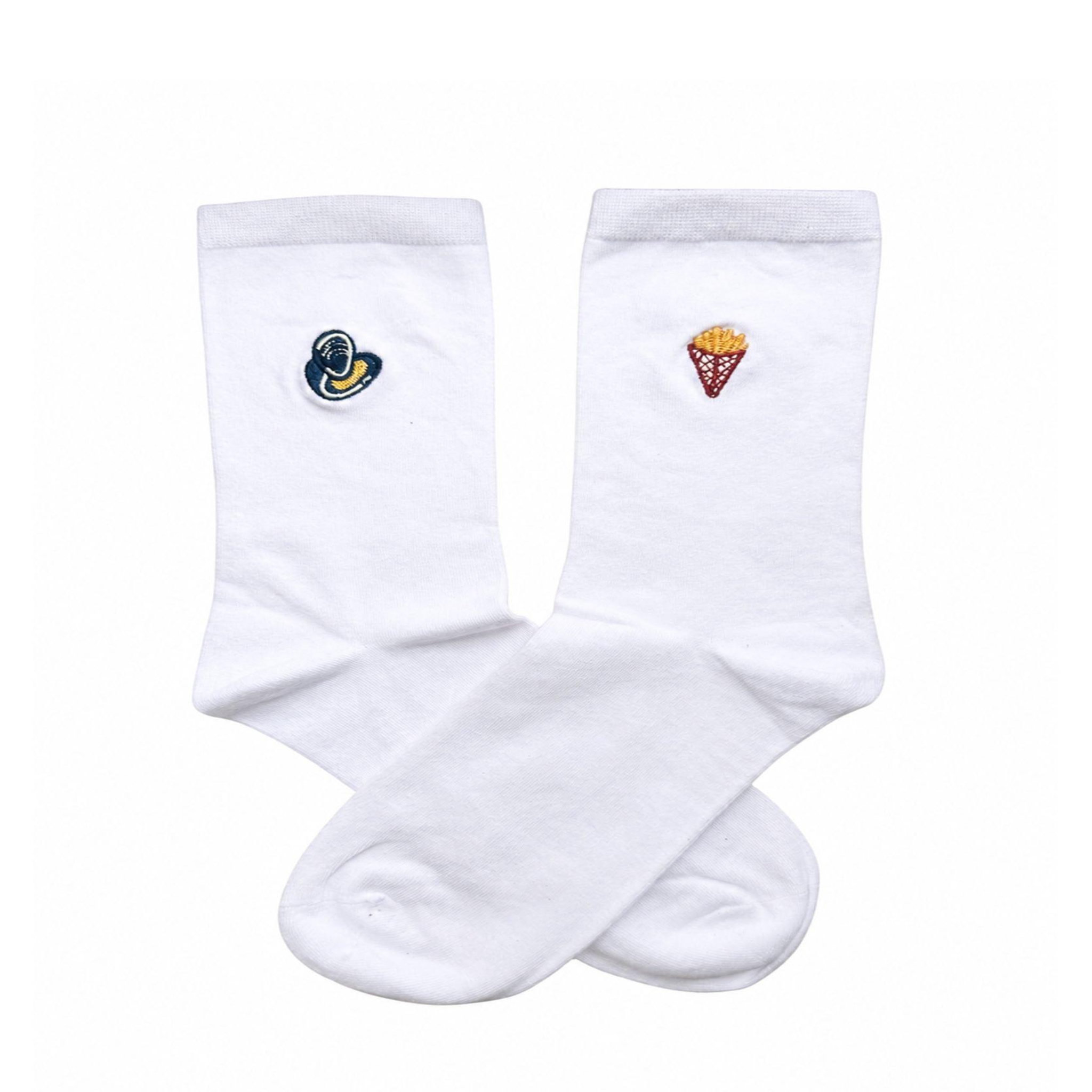 LE BAR A CHAUSSETTES Chaussettes brodées moules-frites. Coloris disponibles : Blanc