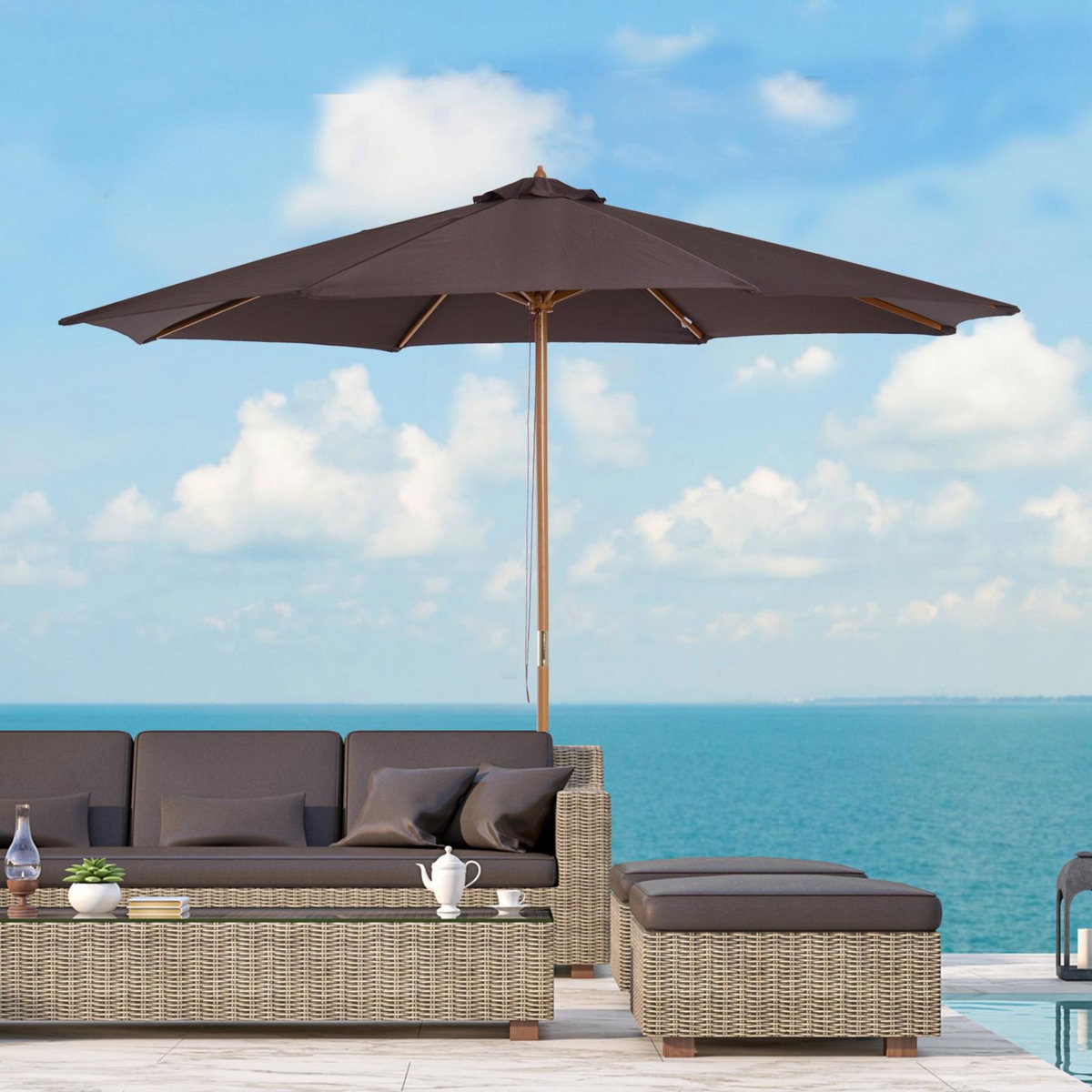 OUTSUNNY Outsunny Parasol rond grande taille diamètre 3 m bois polyester haute densité chocolat