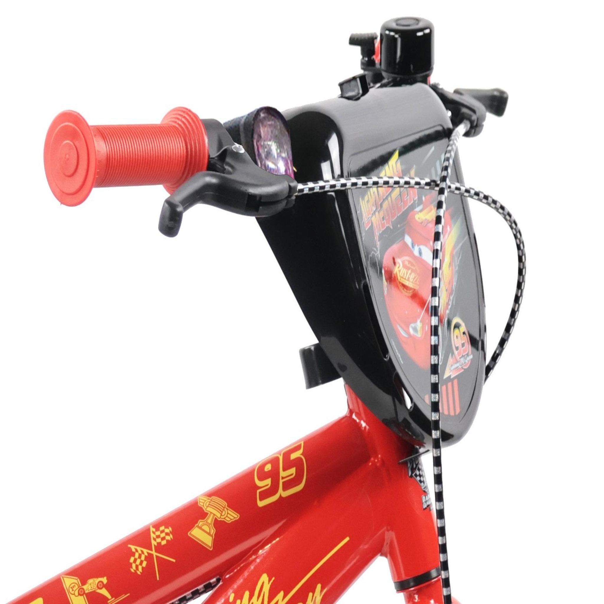Voir la diapositive 2 : Disney Cars Vélo enfant 14'' CARS / DISNEY pour enfant de 90 à 110 cm avec 2 freins, plaque avant décorative, bidon arrière et stabilisateurs