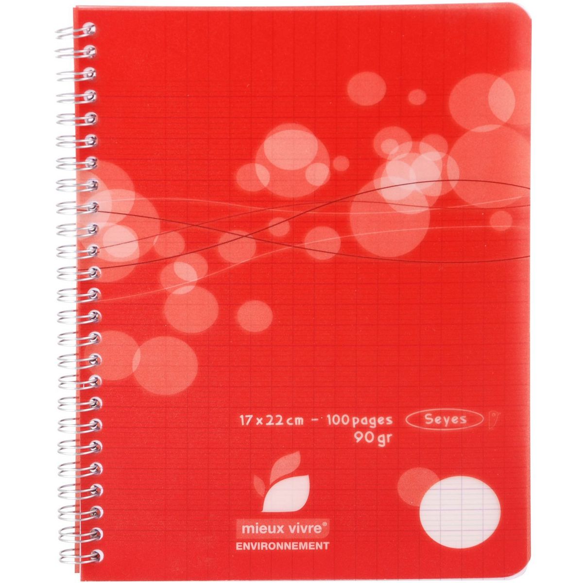 AUCHAN Cahier polypro 17x22cm 100 pages grands carreaux Seyes à spirale rouge motif ronds