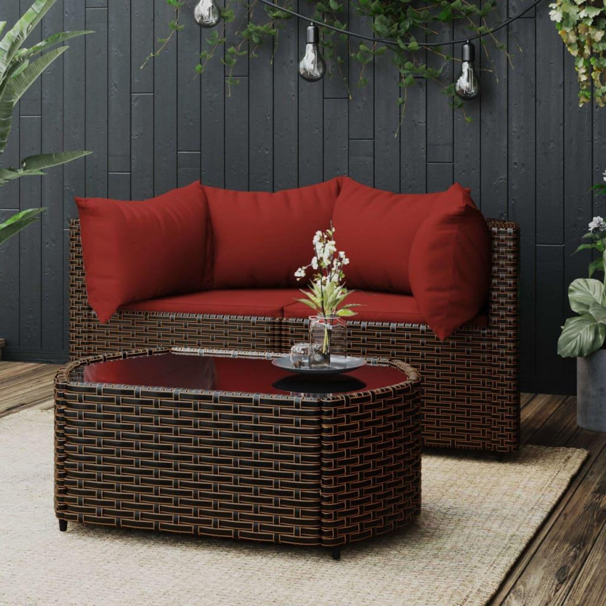 VIDAXL Salon de jardin 3 pcs avec coussins marron resine tressee