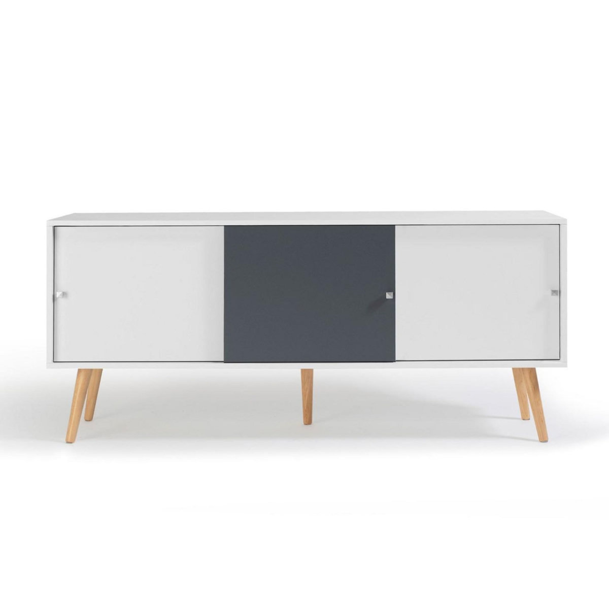 ID MARKET Buffet bas scandinave 135 cm EFFIE 3 portes bois blanc et gris