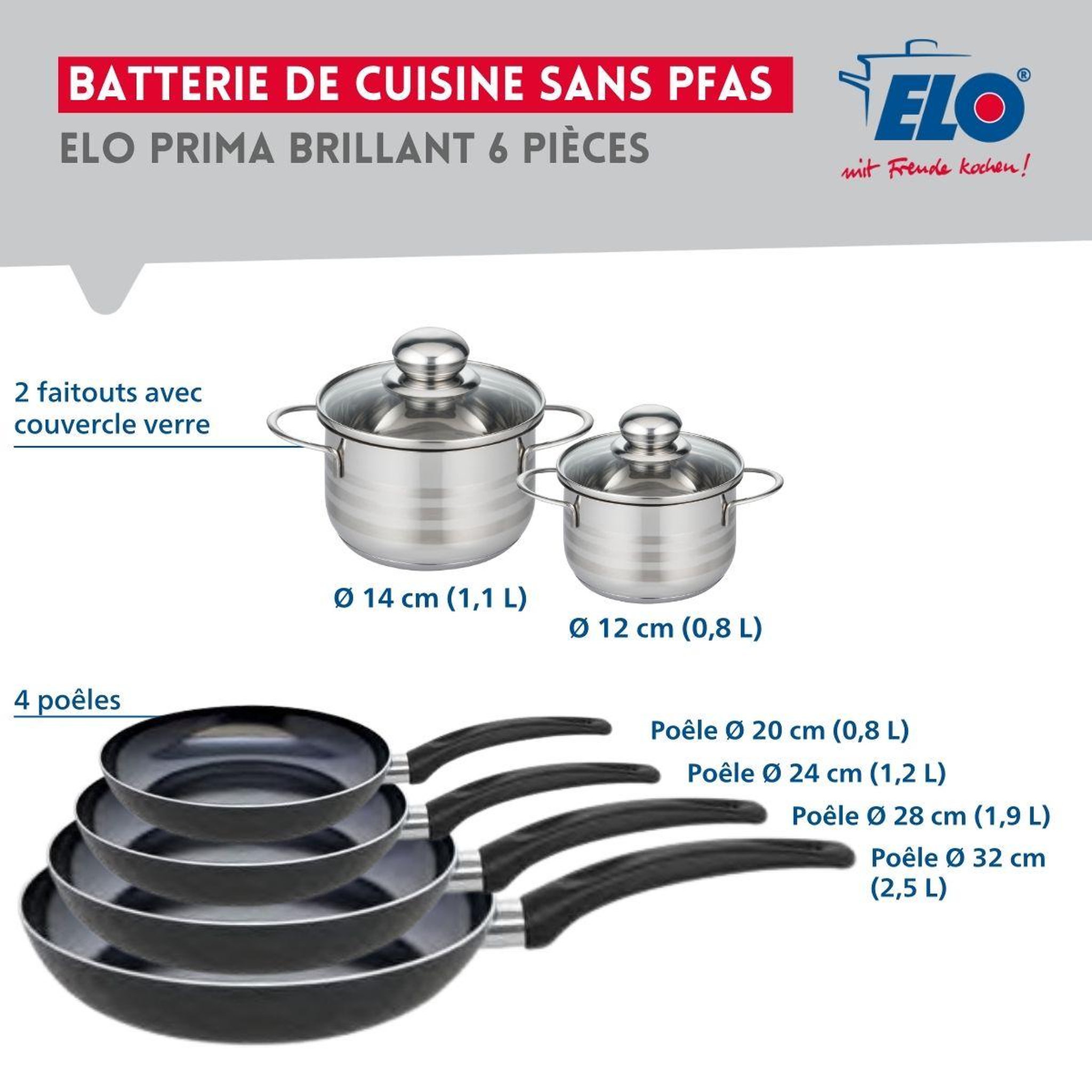 Voir la diapositive 2 : ELO Ensemble de 4 poêles de cuisson 20, 24, 28 et 32 cm et 2 faitouts 12 et 14 cm elo prima brillant
