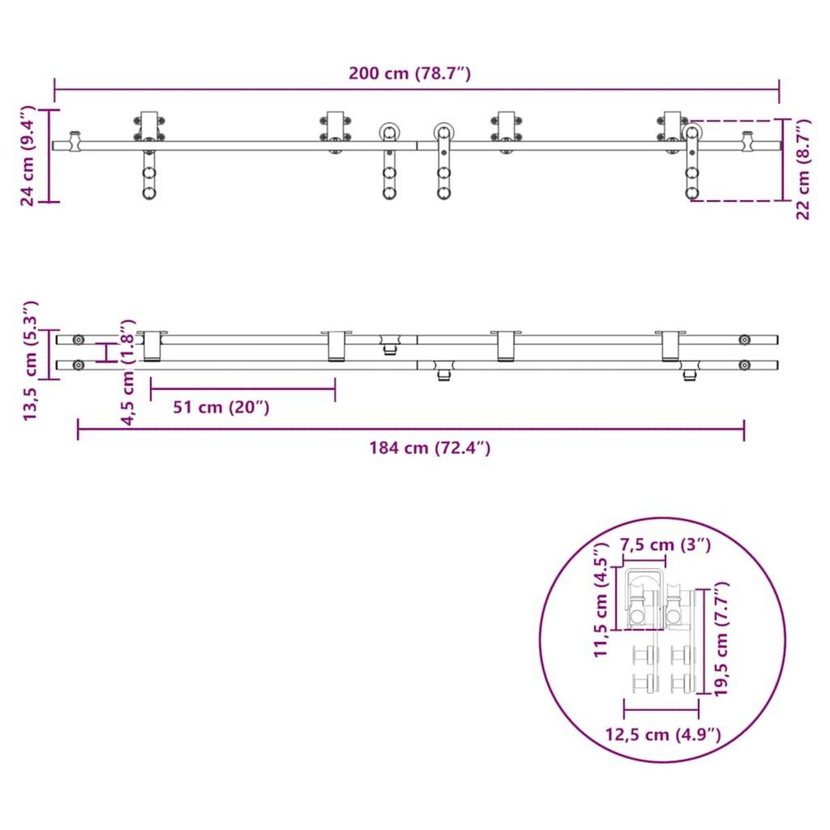 VIDAXL Kit fixation porte coulissante 200 cm Acier inoxydable Argente