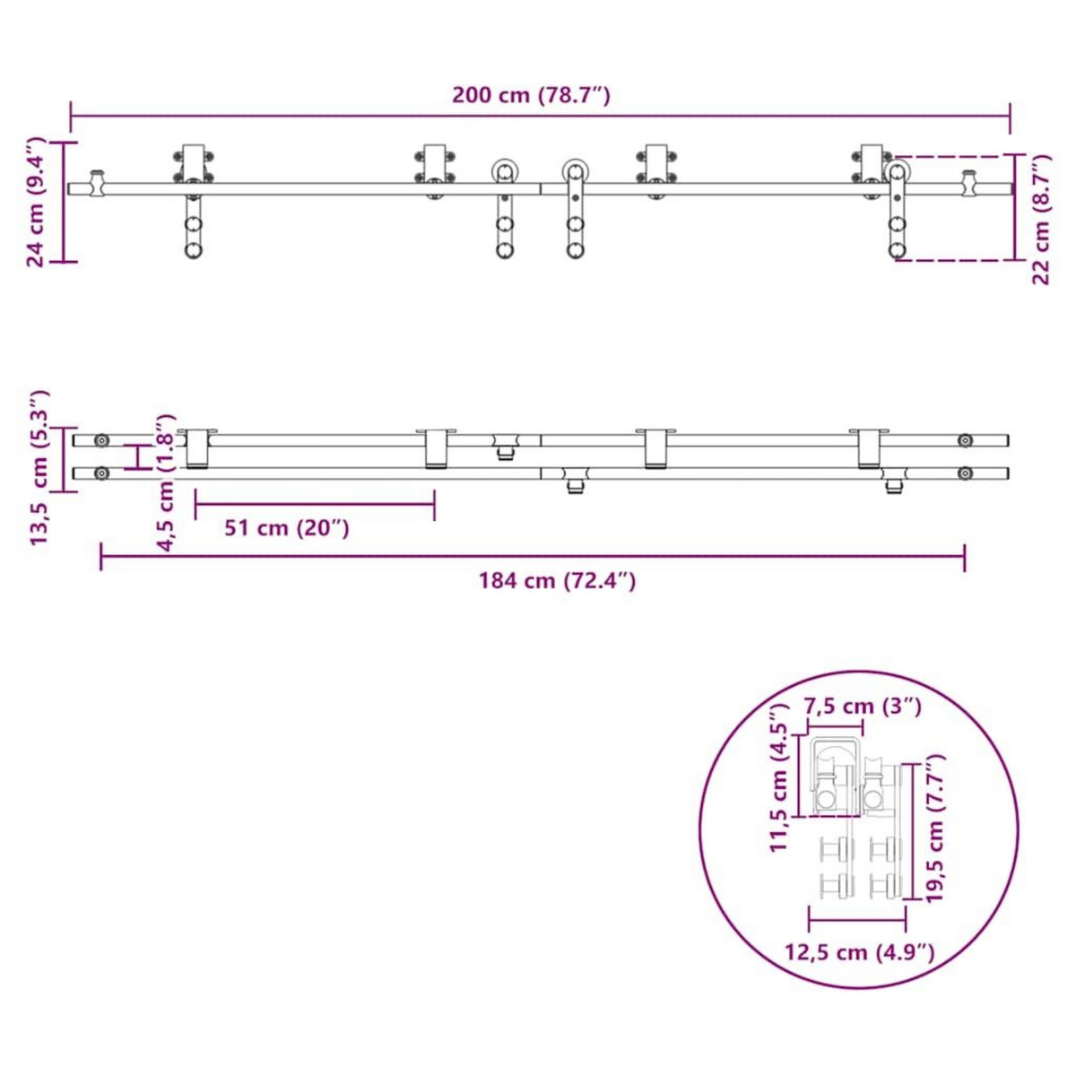 VIDAXL Kit fixation porte coulissante 200 cm Acier inoxydable Argente