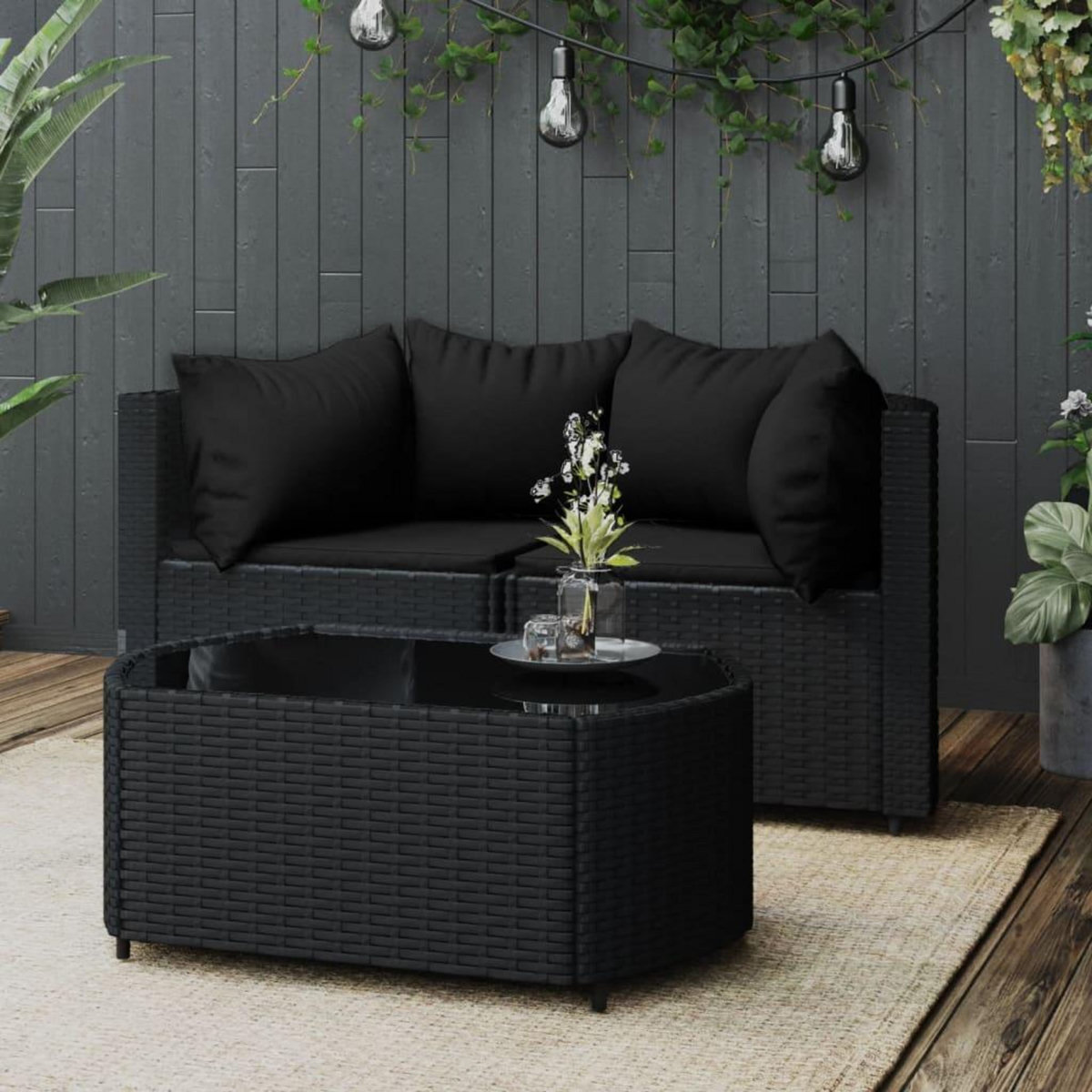 VIDAXL Salon de jardin 3 pcs avec coussins Noir Resine tressee