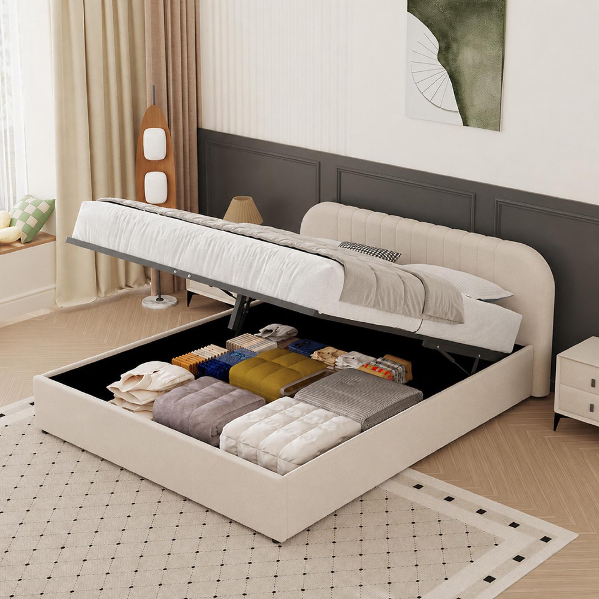 Voir la diapositive 6 : CONCEPT USINE Lit avec coffre de rangement 160x200cm en velours beige irvine
