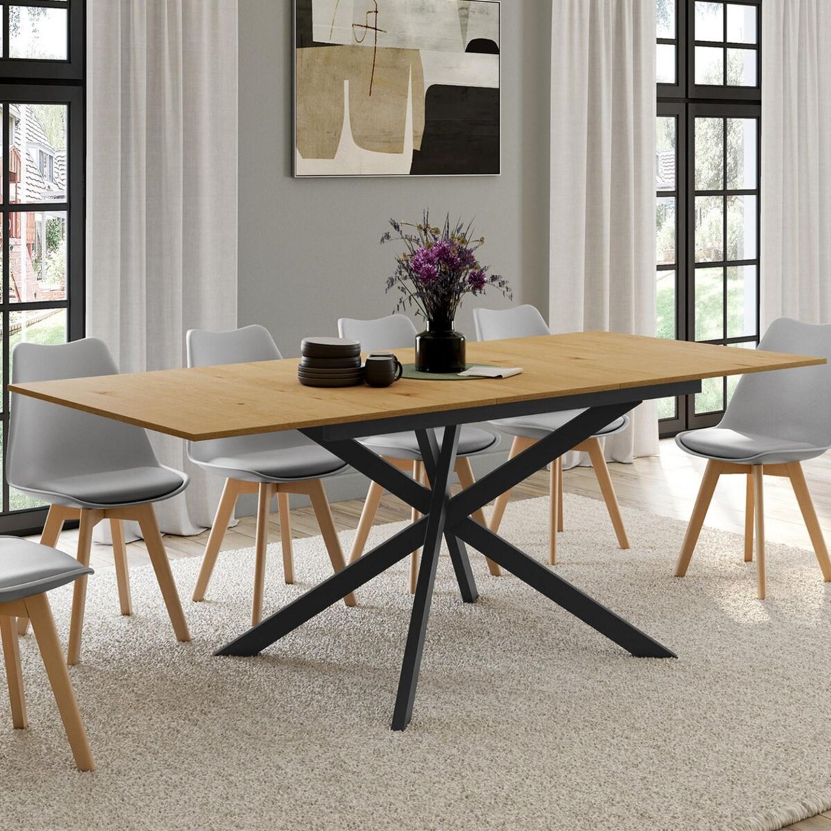 ID MARKET Table à manger extensible rectangle INES 6-10 personnes bois et noir 160-200 cm