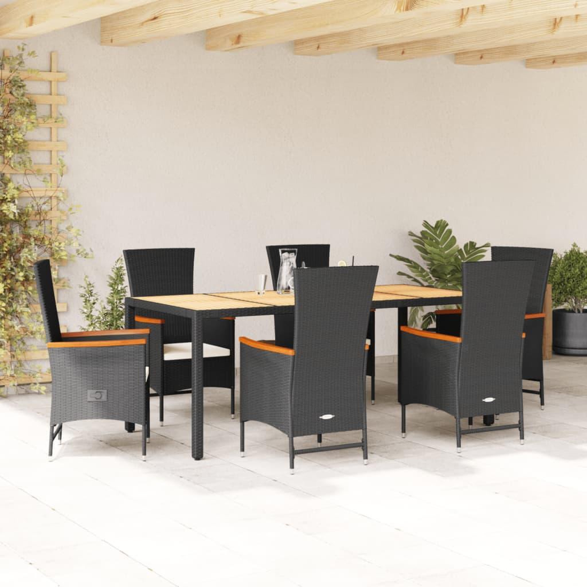 VIDAXL Ensemble a manger de jardin coussins 7pcs Noir Resine tressee