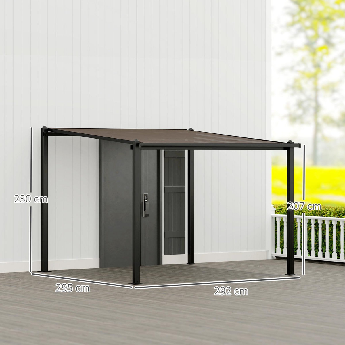 OUTSUNNY Pergola adossée en aluminium 3 x 3 m - goutières - anthracite toit polycarbonate fumé