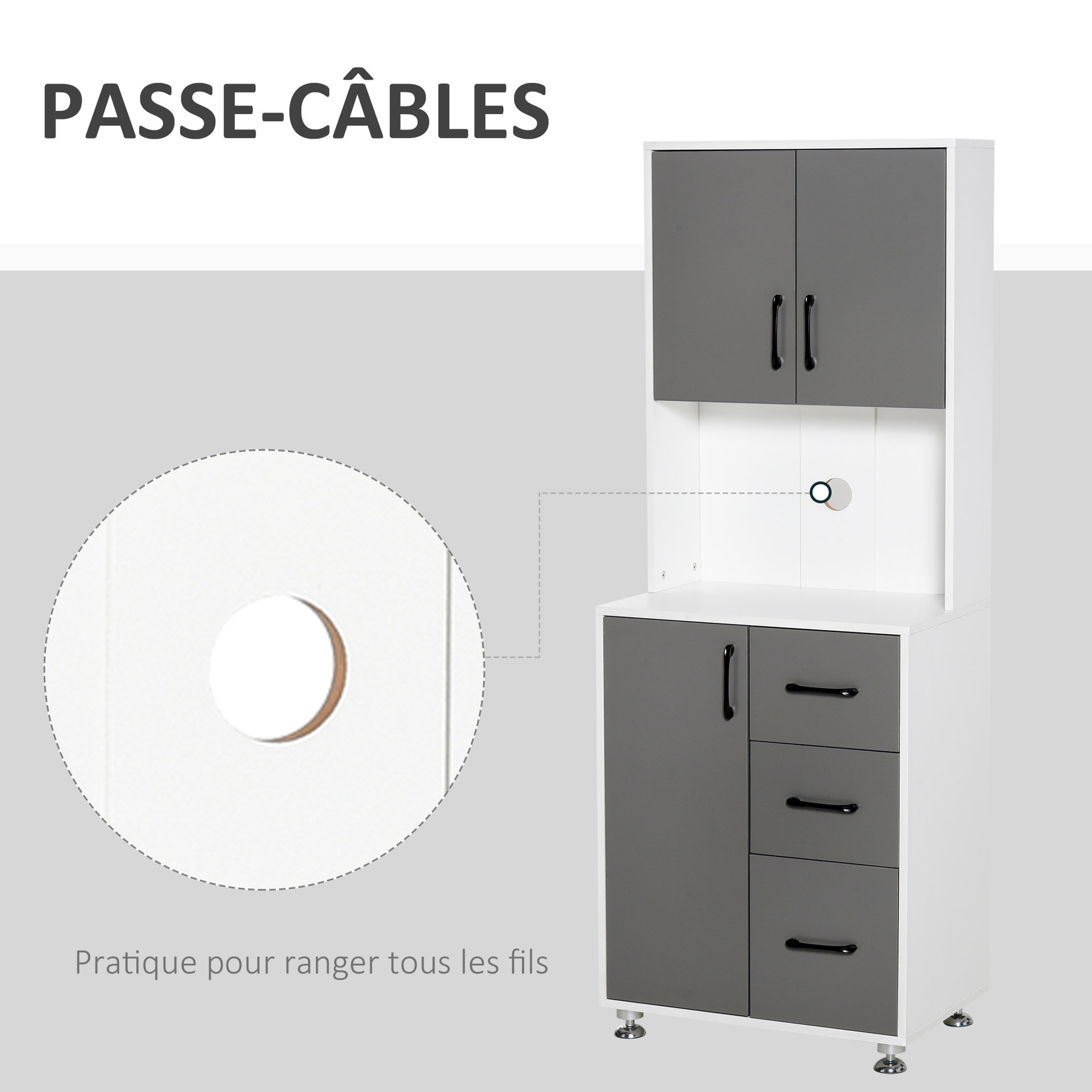 Voir la diapositive 6 : HOMCOM HOMCOM Armoire de cuisine multi-rangements 2 + 1 porte 3 tiroirs + grand plateau dim. 60L x 40l x 150H cm bicolore gris blanc
