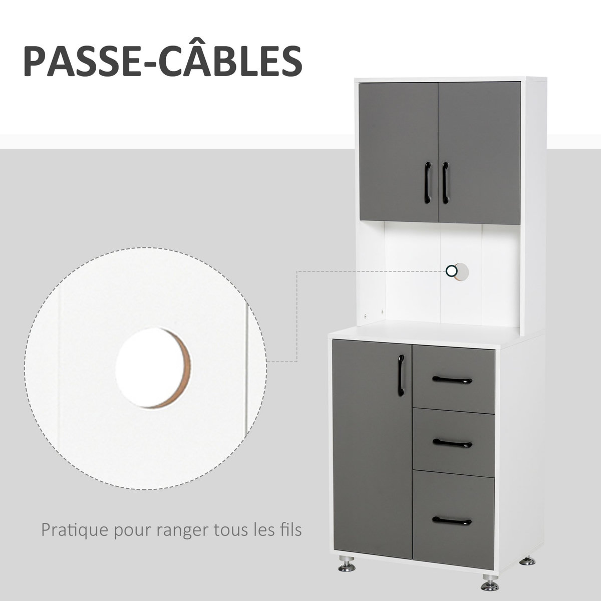 HOMCOM HOMCOM Armoire de cuisine multi-rangements 2 + 1 porte 3 tiroirs + grand plateau dim. 60L x 40l x 150H cm bicolore gris blanc