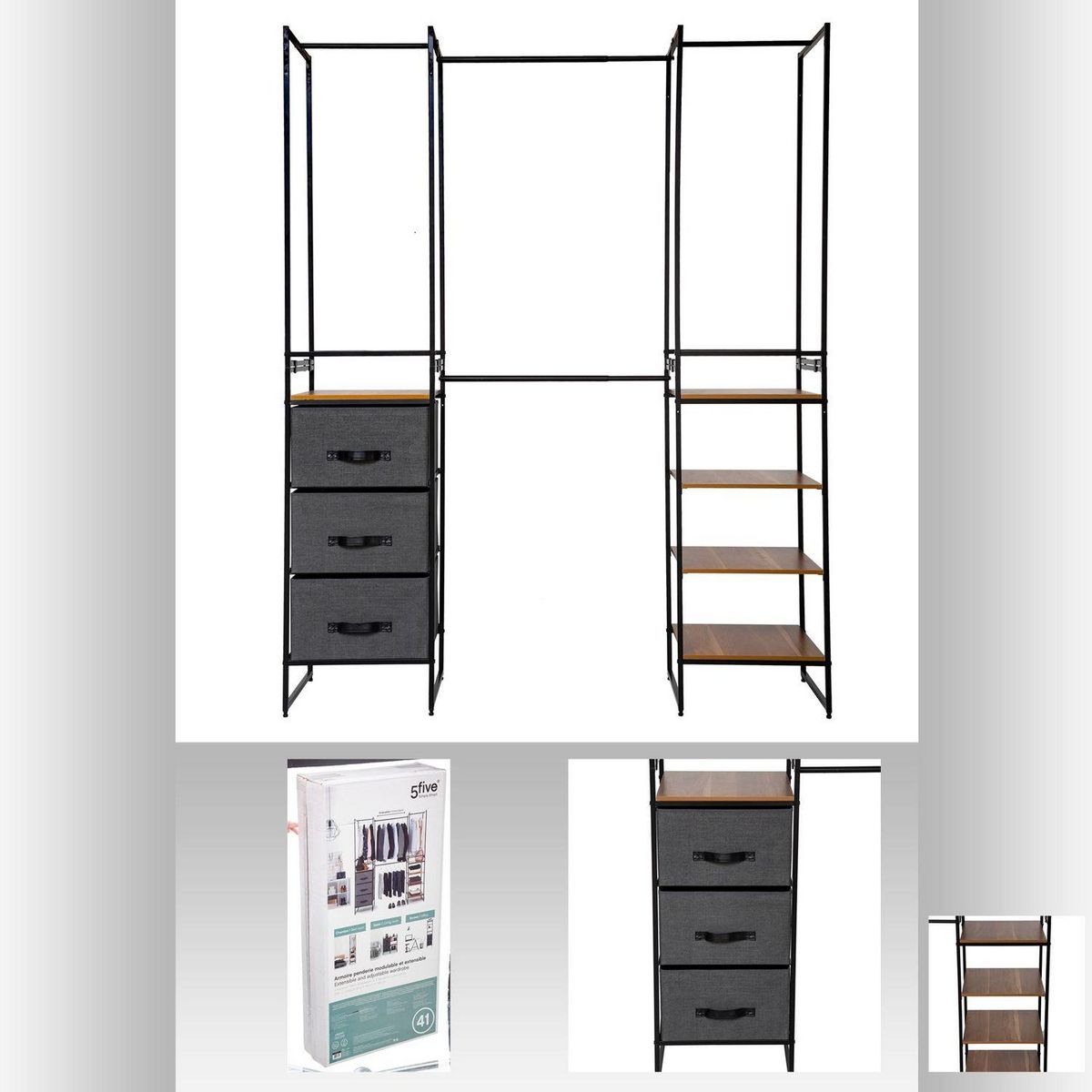 FIVE Penderie 6 pièces modulable - Noir et Bois