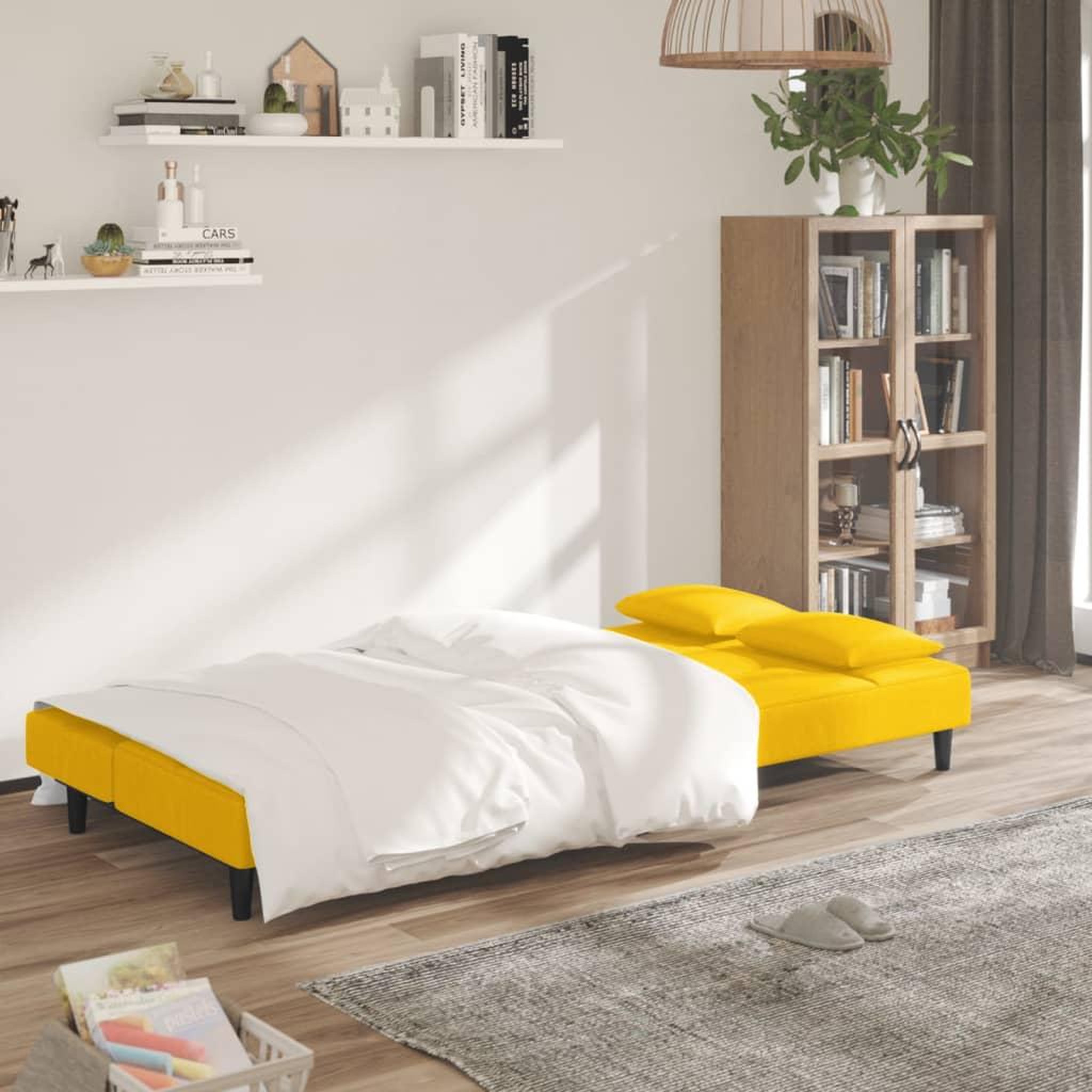 Voir la diapositive 3 : VIDAXL Canape-lit a 2 places avec deux oreillers Jaune Velours