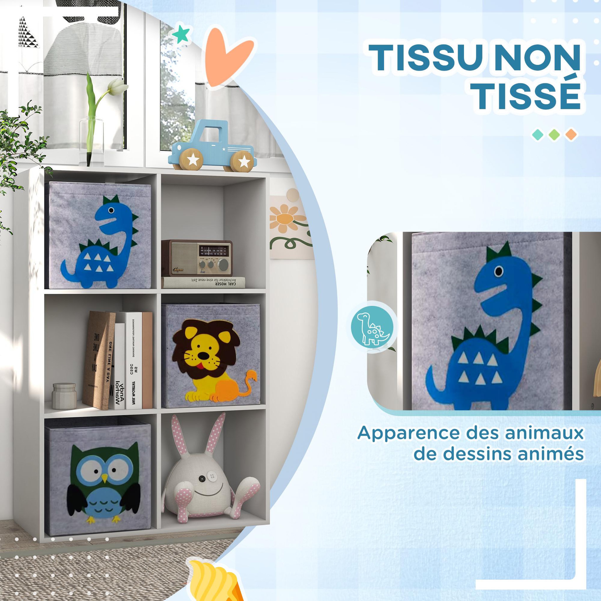 Voir la diapositive 5 : HOMCOM Meuble de rangement jouets enfant étagère de jouet pour chambre d'enfant 6 casiers 3 tiroirs non tissé MDF blanc