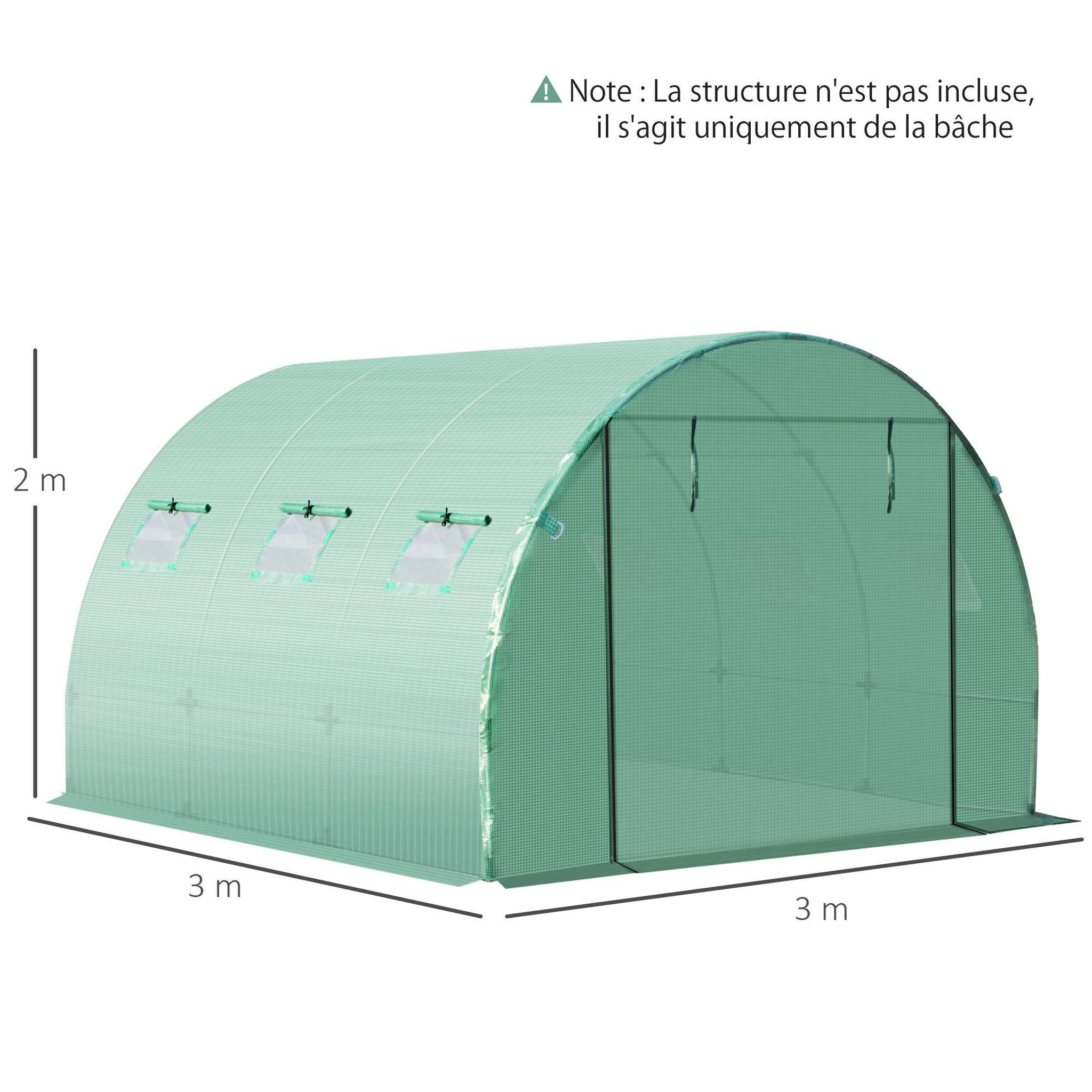 Voir la diapositive 3 : OUTSUNNY Bâche de rechange serre tunnel 9 m², bâche dim. 3L x 3l x 2H m PE anti-UV imperméable 6 fenêtres + porte enroulable zippée vert