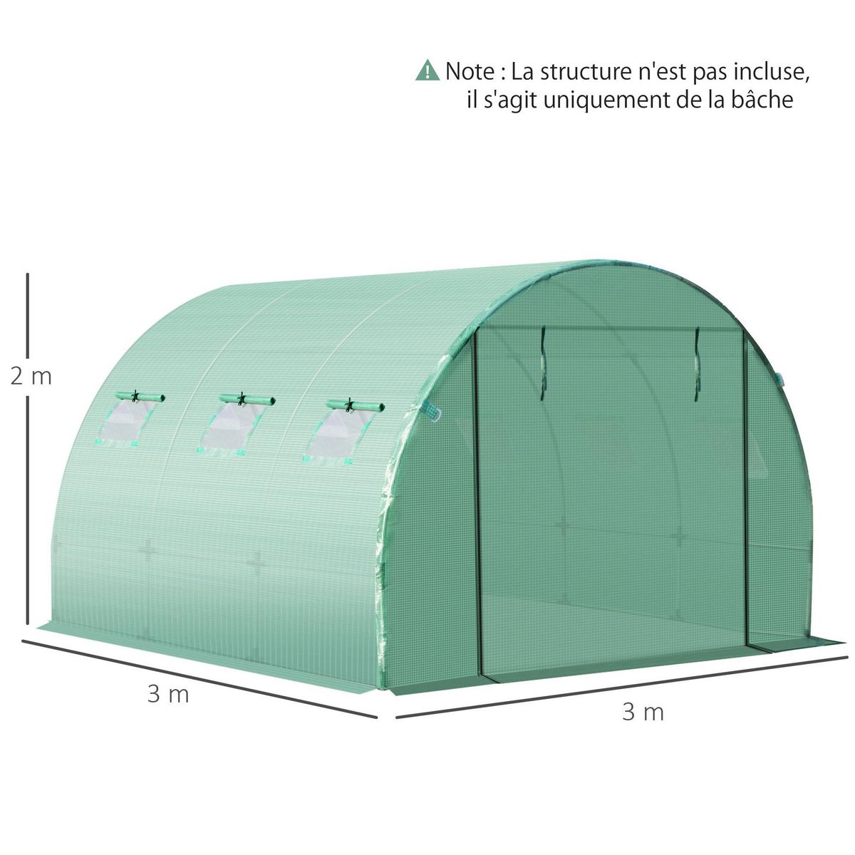 OUTSUNNY Bâche de rechange serre tunnel 9 m², bâche dim. 3L x 3l x 2H m PE anti-UV imperméable 6 fenêtres + porte enroulable zippée vert