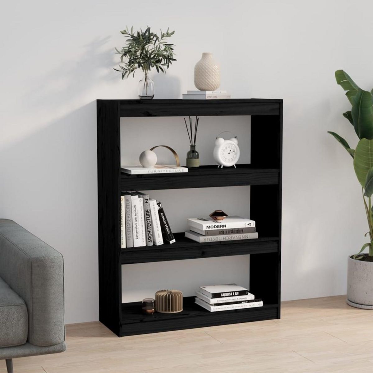 VIDAXL Bibliotheque/Separateur de piece Noir 80x30x103,5 cm Pin massif
