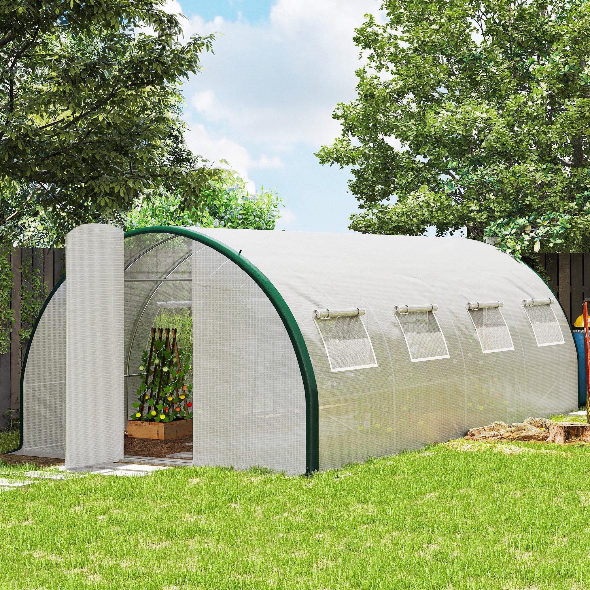 Voir la diapositive 4 : OUTSUNNY Serre de jardin tunnel 18 m² 8 fenêtres 2 portes articulées acier galvanisé pe haute densité blanc