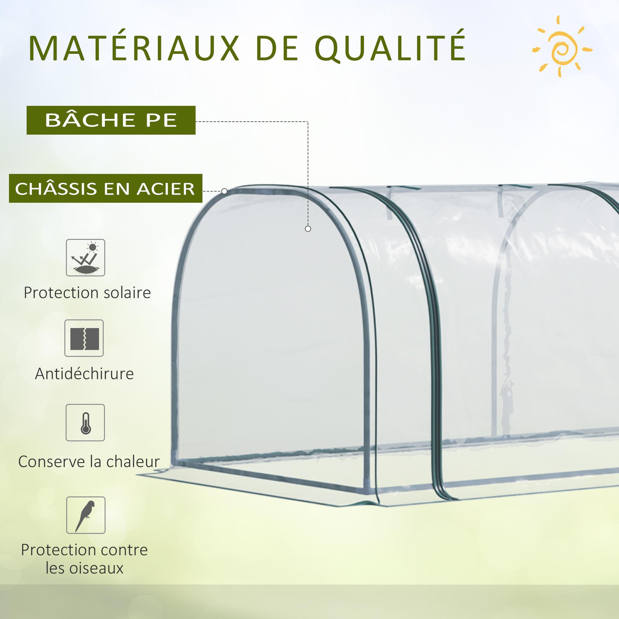 Voir la diapositive 4 : OUTSUNNY Serre de jardin tunnel 3,5l x 1l x 0,8h m 3 portes zippées bâche pvc transparent métal époxy vert