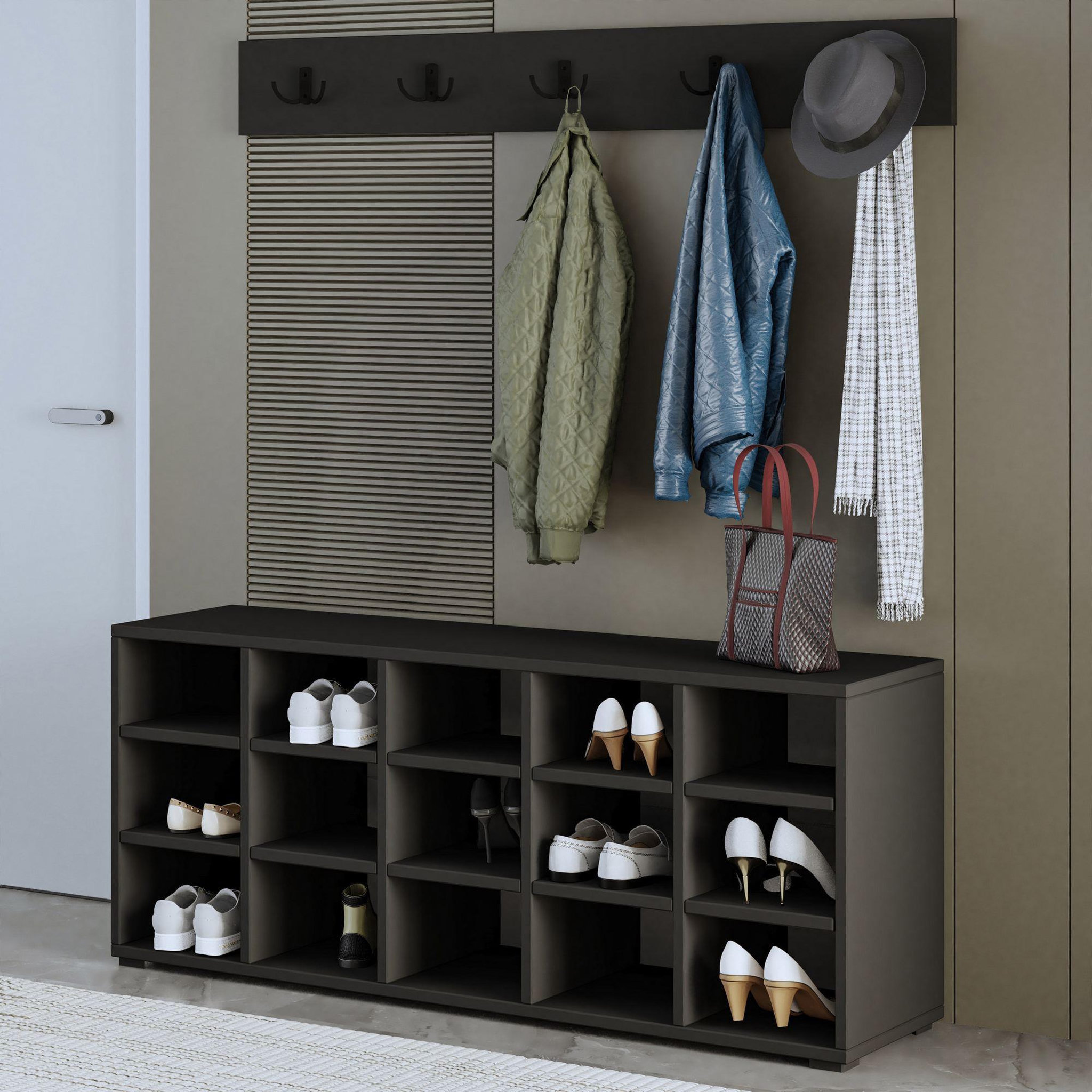 Voir la diapositive 2 : Habitat et Jardin Meuble à chaussures avec porte manteau en bois  talu  - 120 x 30 x 52 cm - gris anthracite