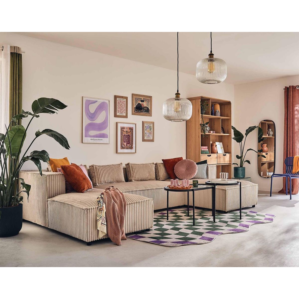 LISA DESIGN Stella - canapé panoramique en u - 7 places - en velours côtelé grosses côtes