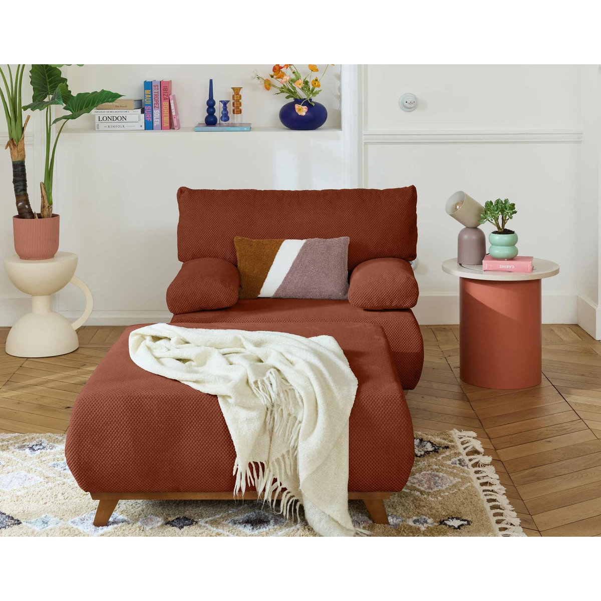 BEST MOBILIER Cristal - fauteuil - convertible avec coffre et grand pouf - en velours texturé