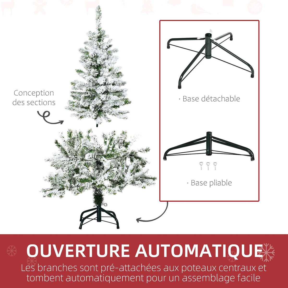 HOMCOM Sapin de Noël artificiel aspect enneigé Ø 70 x 120H cm 200 branches épines imitation Nordmann grand réalisme