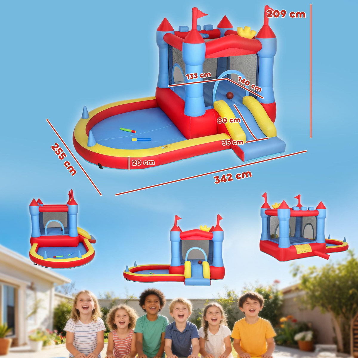 HOMCOM Château gonflable 4 en 1 piscine toboggan trampoline panier de basket