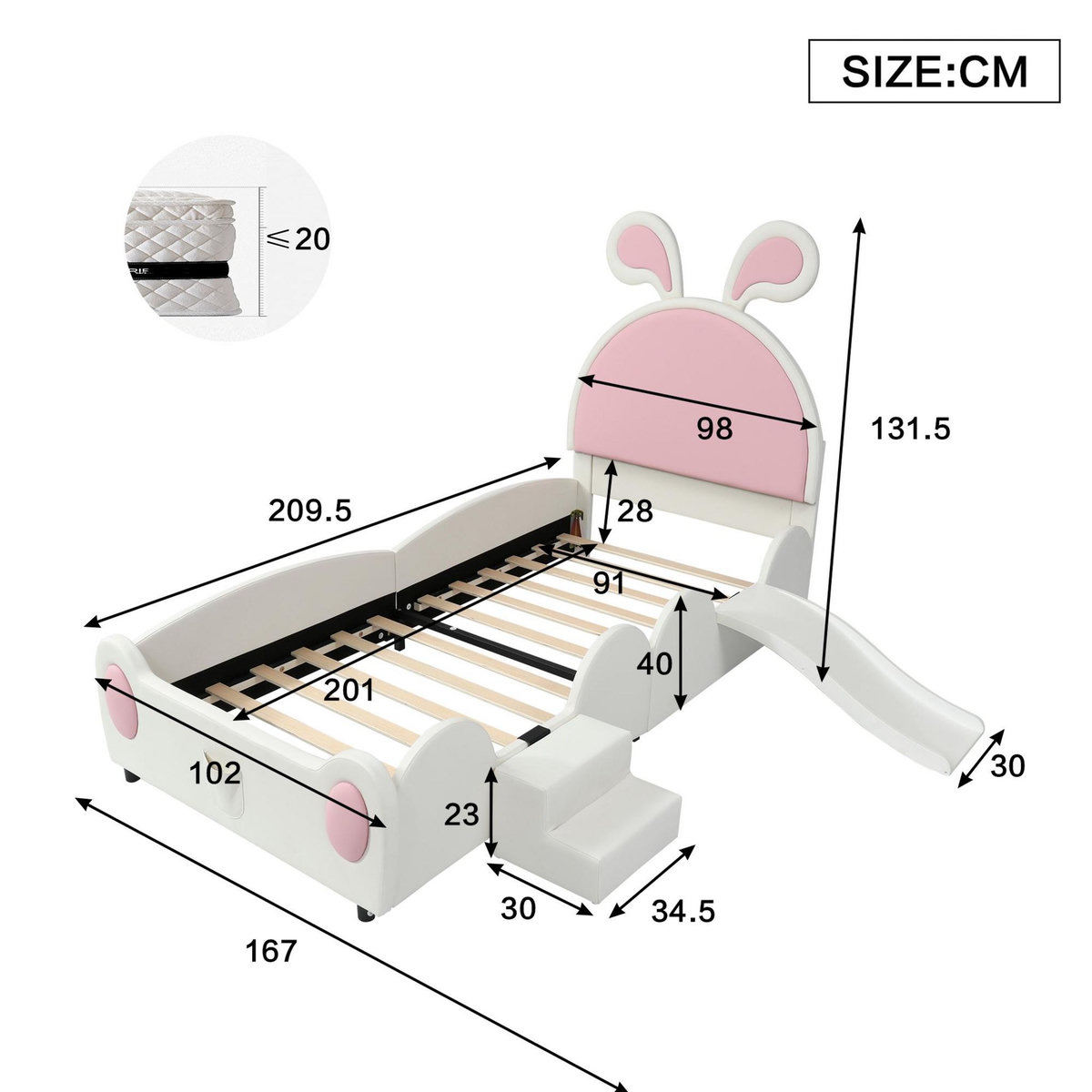 MERAX Lit simple enfant rembourré 90x200cm pu coloris blanc+rose