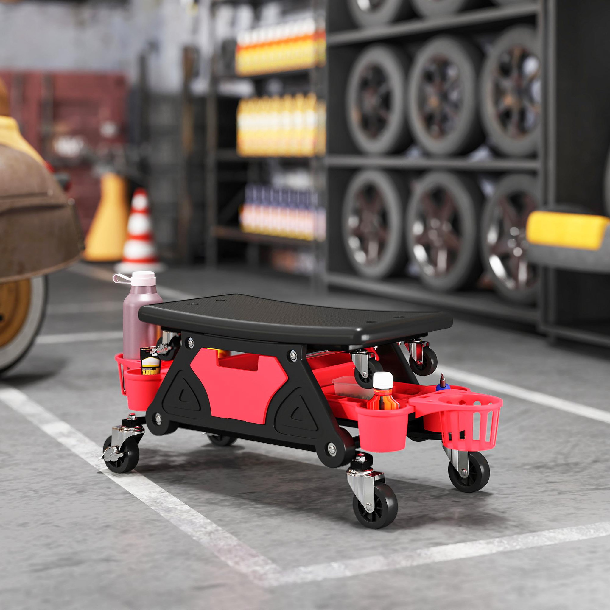 Voir la diapositive 2 : HOMCOM Tabouret d'atelier mobile chariot de mécanicien 2 en 1 - 3 plateaux outils - noir rouge