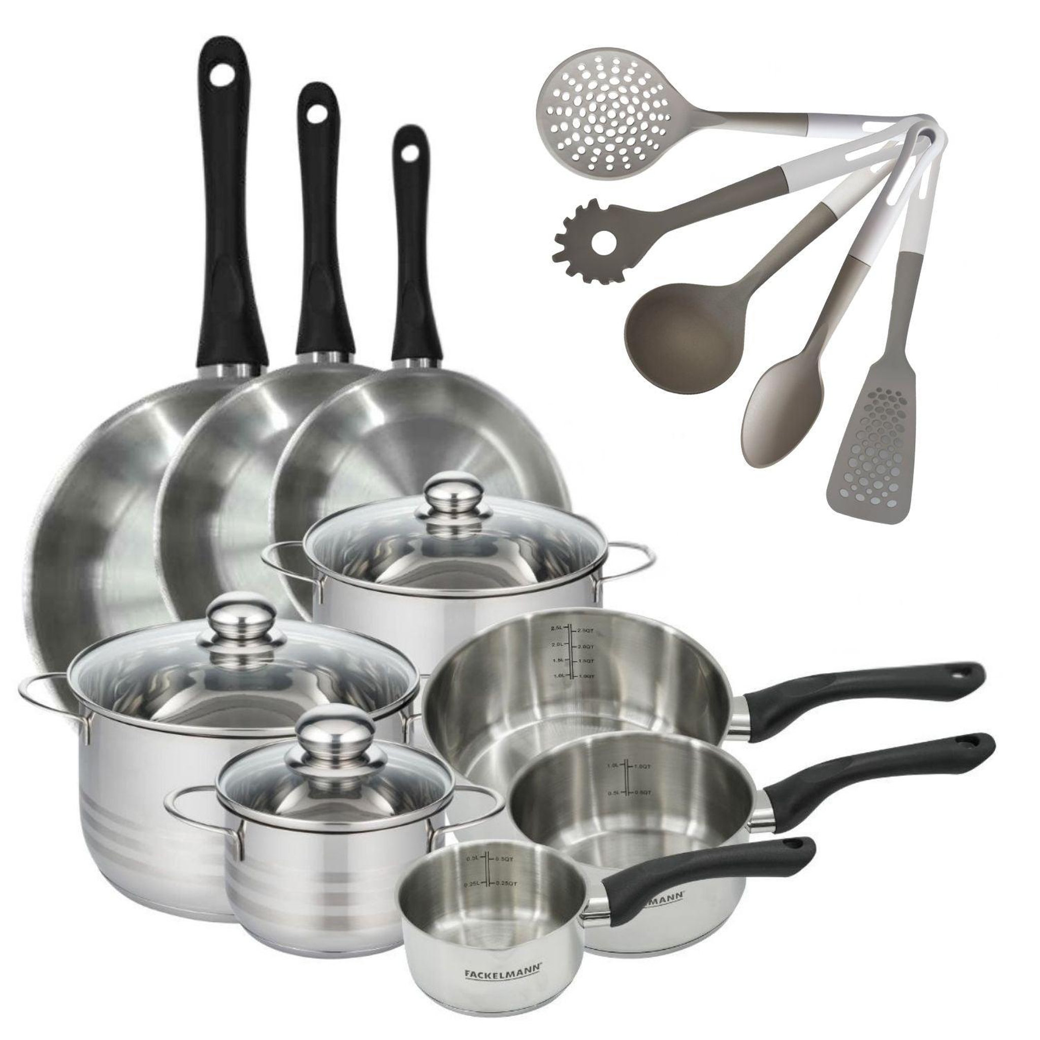 Fackelmann Batterie de cuisine avec 3 faitouts 16/20/24 cm et 3 casseroles 12/16/20 cm et 5 ustensiles de cuisine fackelmann généva brillant vario