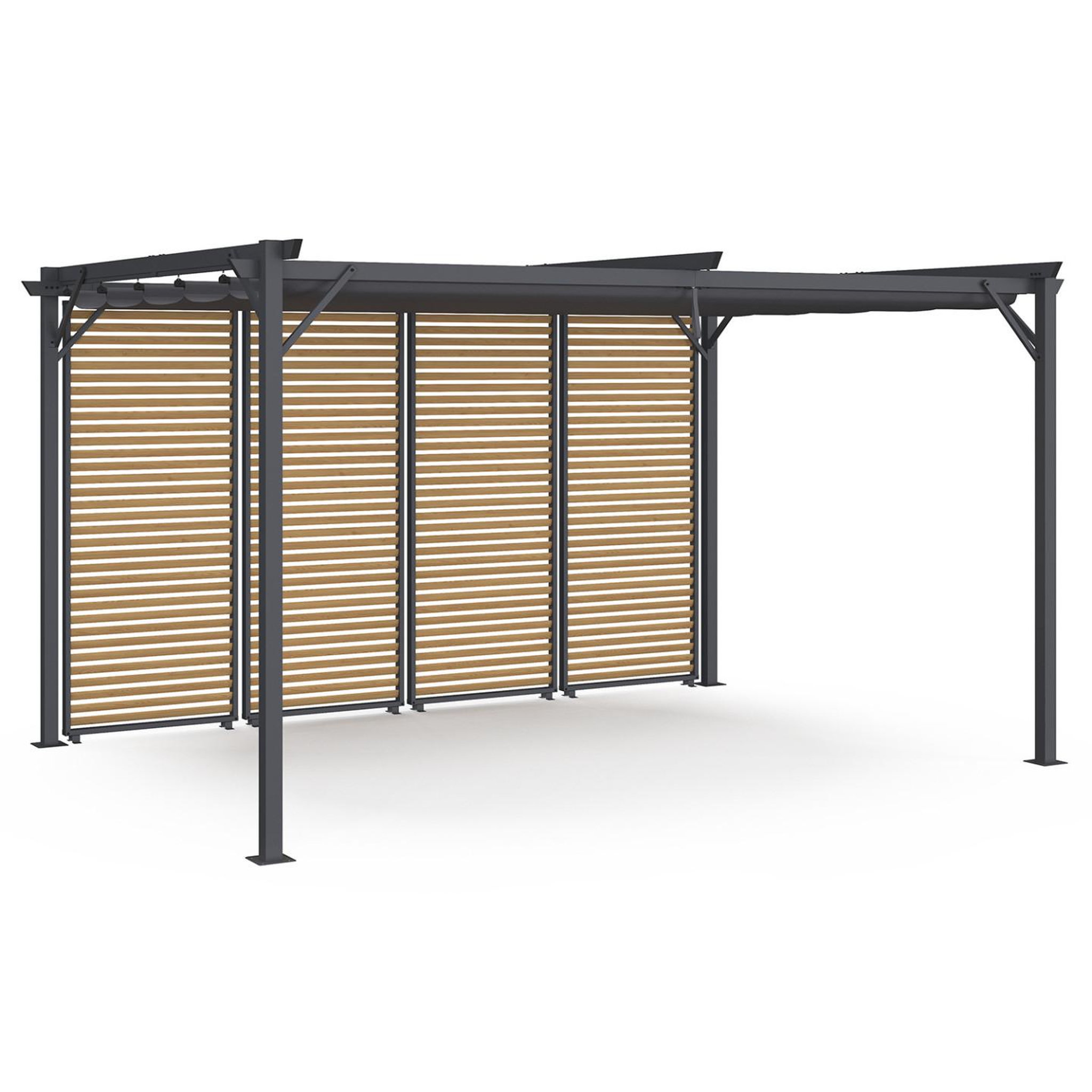 ID MARKET Pergola édition collector persiennes horizontales effet bois et toit rétractable 3x4m 4 pans modulables gris anthracite