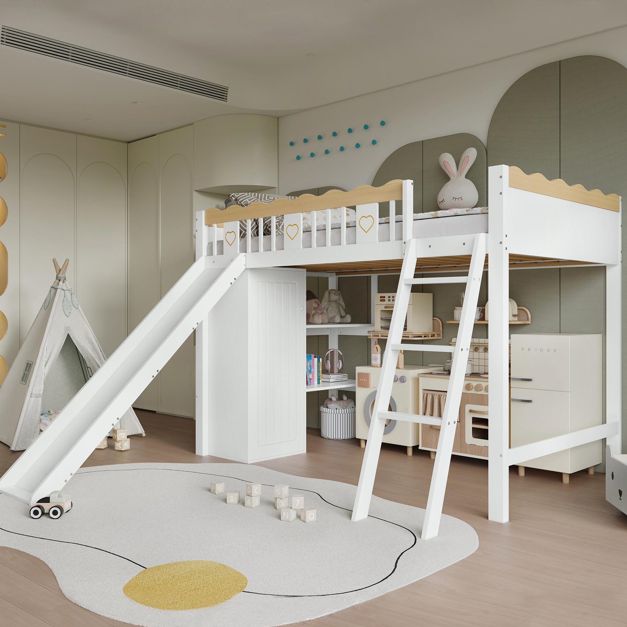 Voir la diapositive 4 : MERAX Lit combiné enfant 90x200cm coloris blanc+naturel pin et mdf