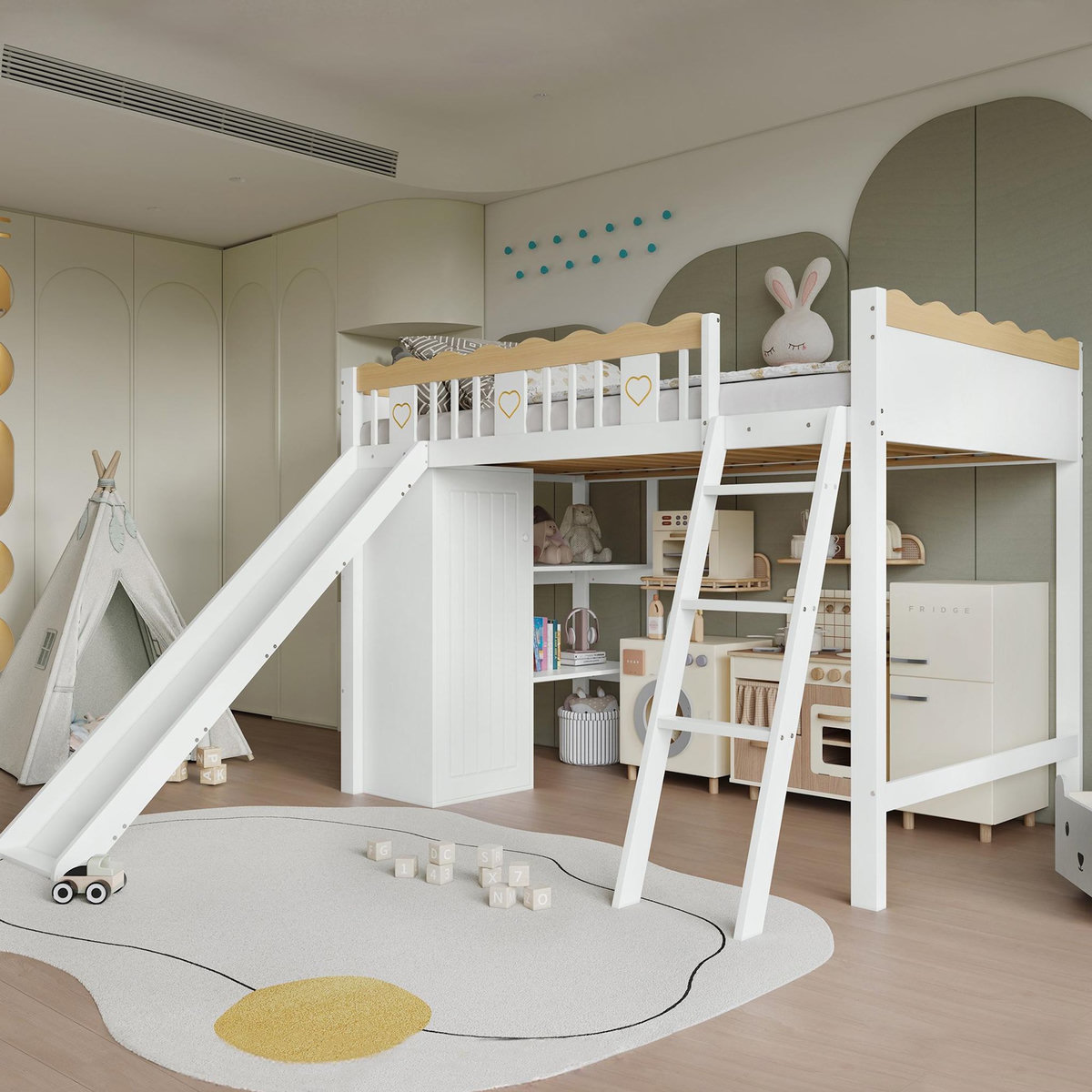 MERAX Lit combiné enfant 90x200cm coloris blanc+naturel pin et mdf