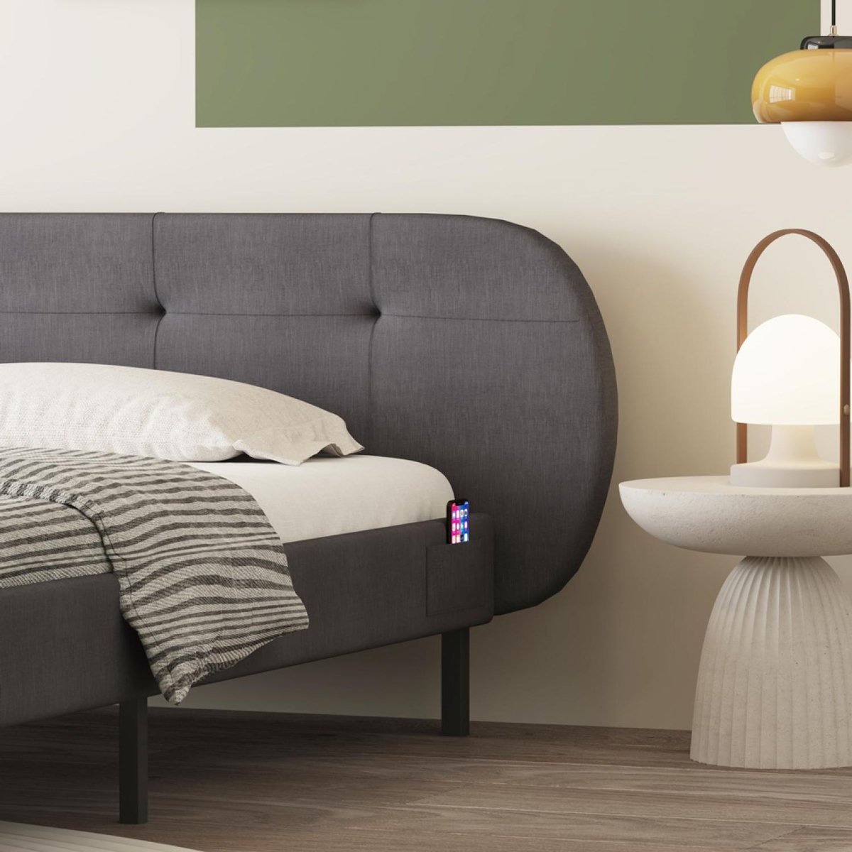 CONCEPT USINE Lit capitonné 140x190cm gris avec tête de lit et sommier TULSA