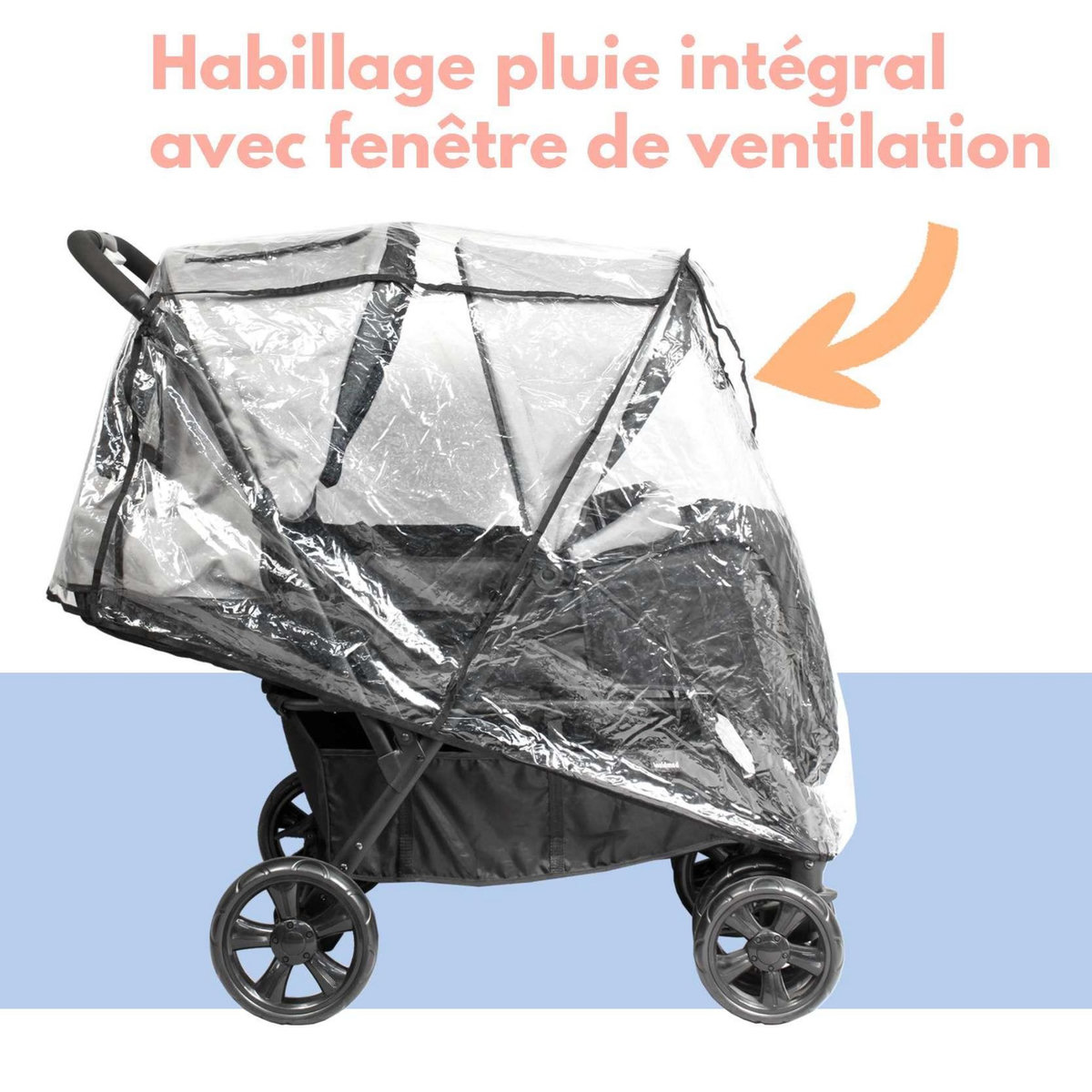 BAMBISOL Bambisol Poussette Double enfants rapprochés | Habillage Pluie | Noir Gris