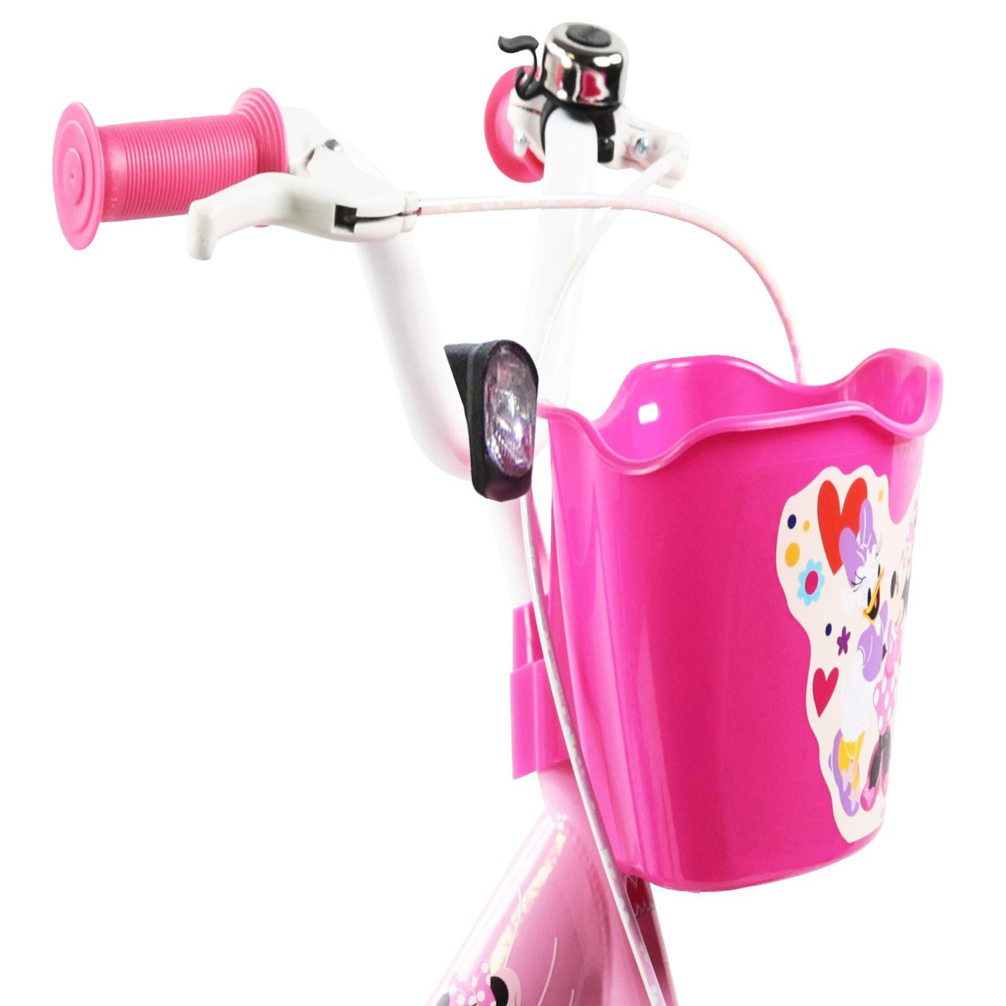 Voir la diapositive 3 : DISNEY Vélo enfants fille 14  Minnie de Disney + Casque pour enfant de 95/110 cm avec stabilisateurs - 2 freins - Panier avant - Porte poupée arrière