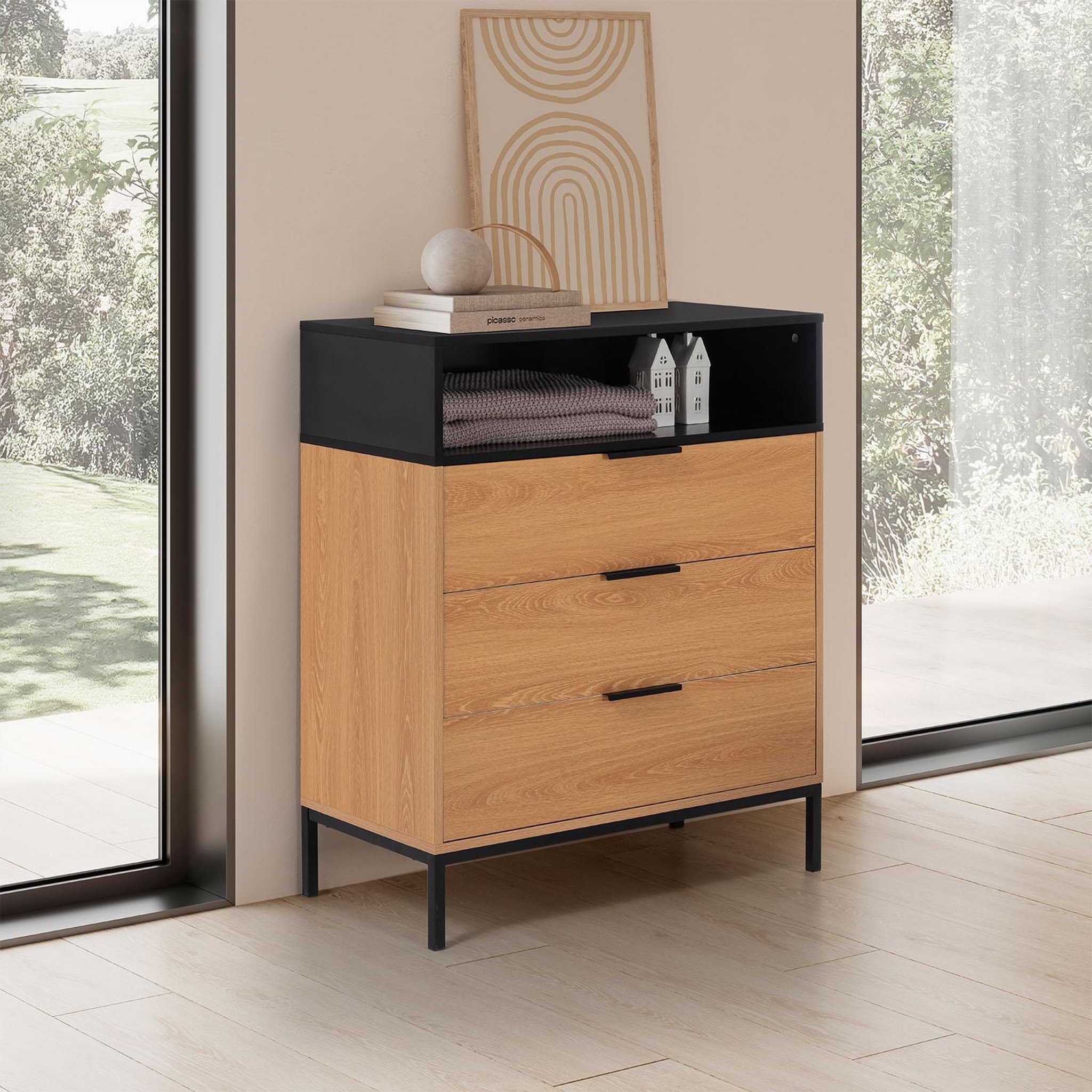 Voir la diapositive 2 : VS VENTA-STOCK Commode Nieve 3 tiroirs couleur Chêne